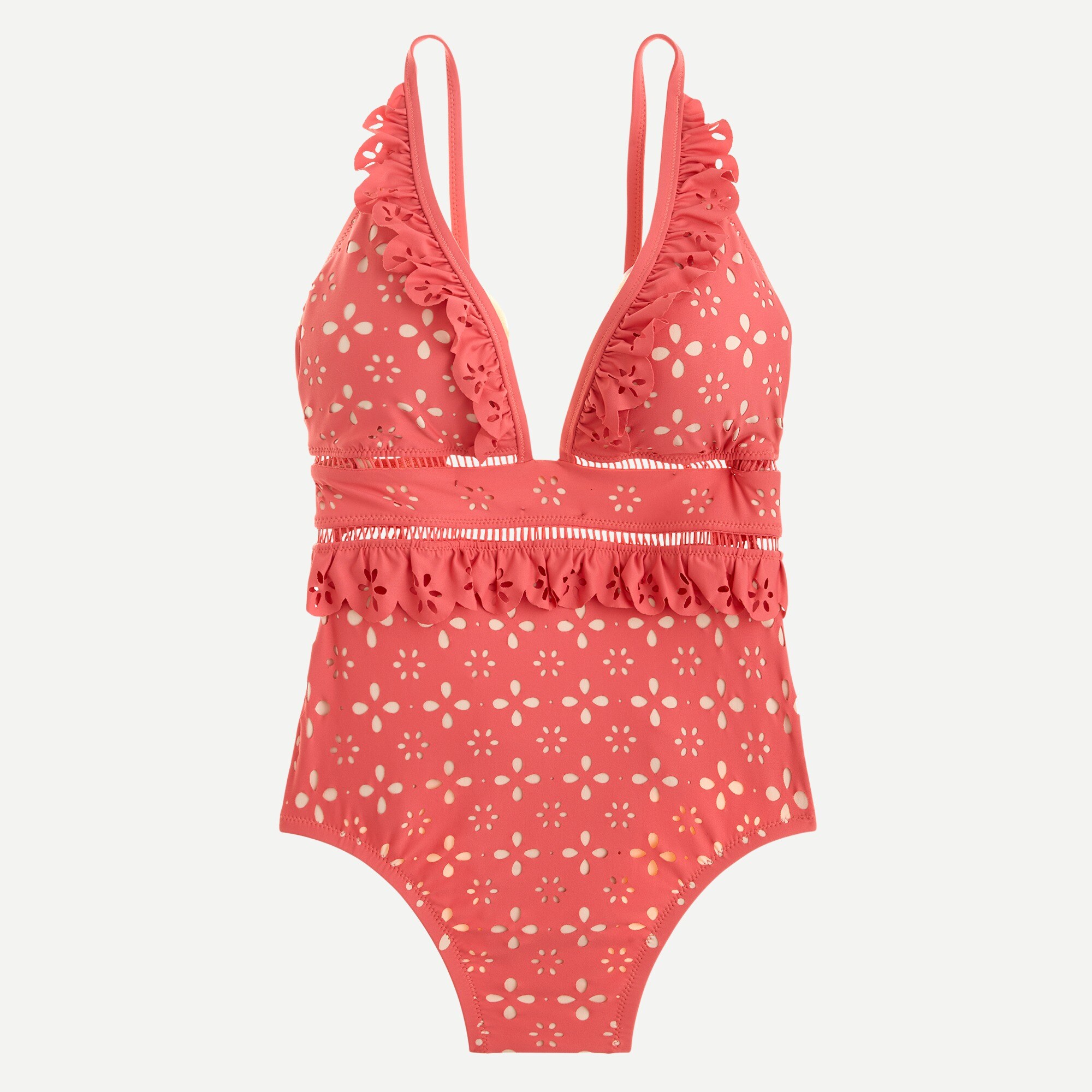 Scalloped ruffle plunging one-piece swimsuit in laser-cut eyelet