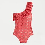 Scalloped ruffle one-shoulder one-piece swimsuit in laser-cut eyelet