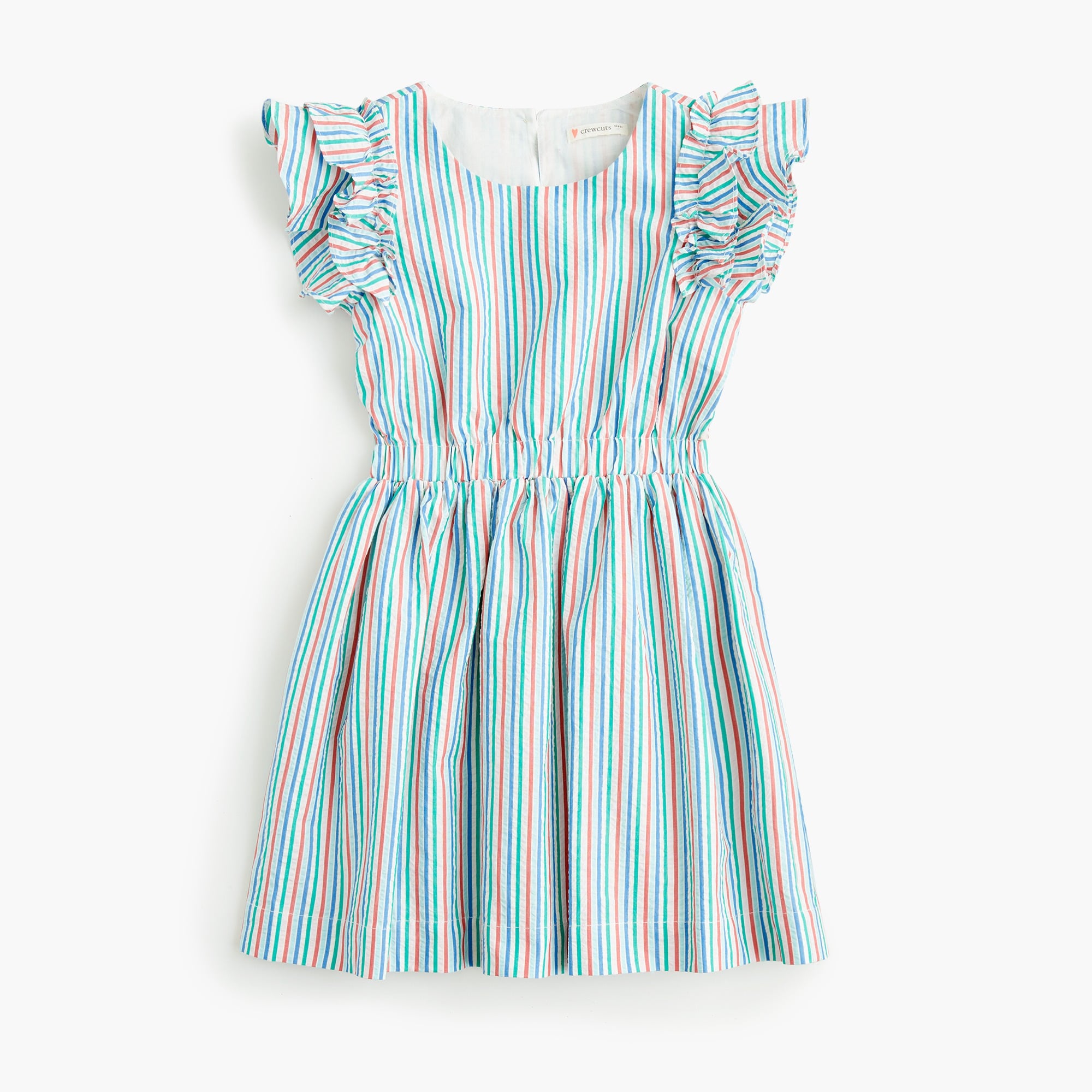  Girls' ruffle-trimmed dress in rainbow seersucker