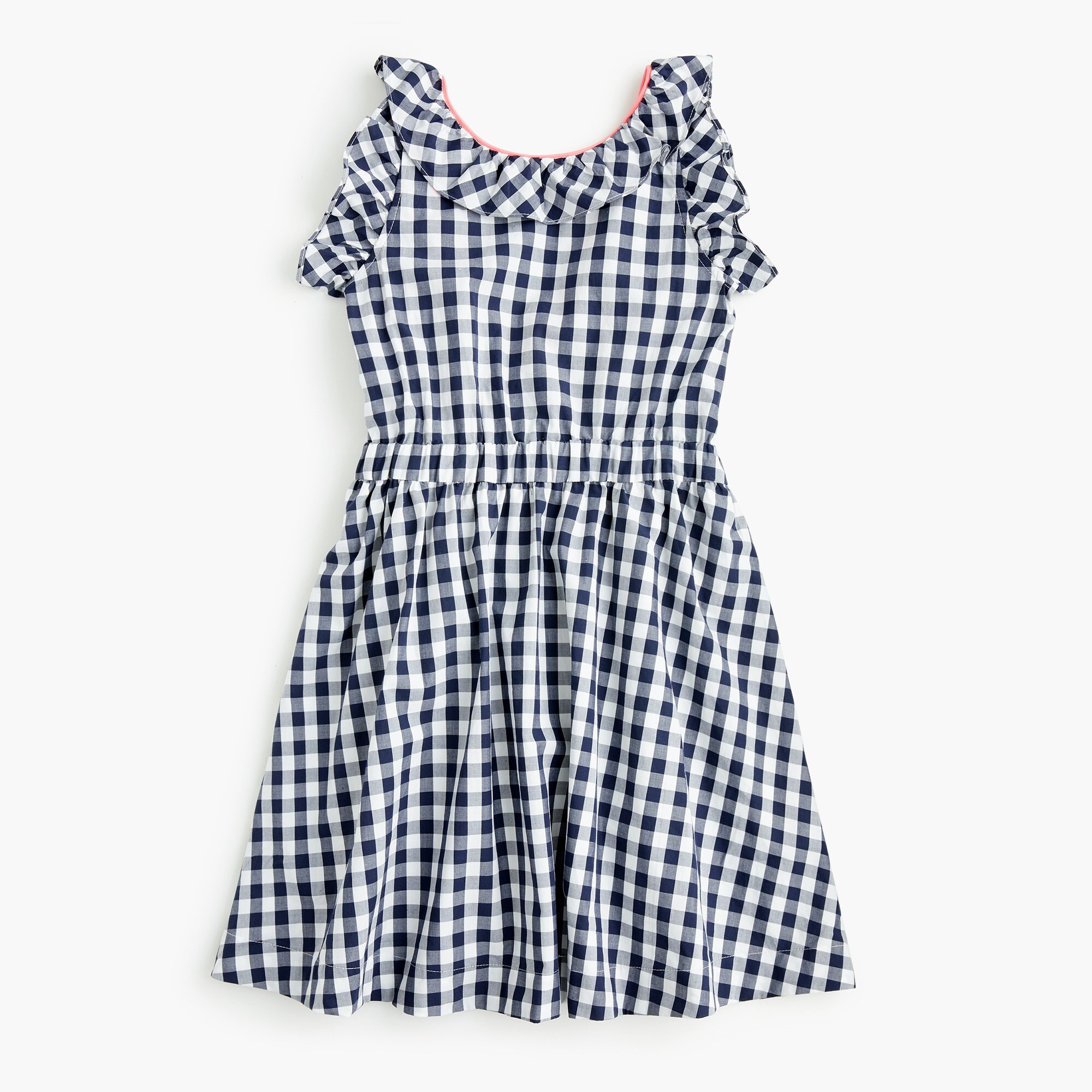  Girls' ruffle dress in navy poplin gingham