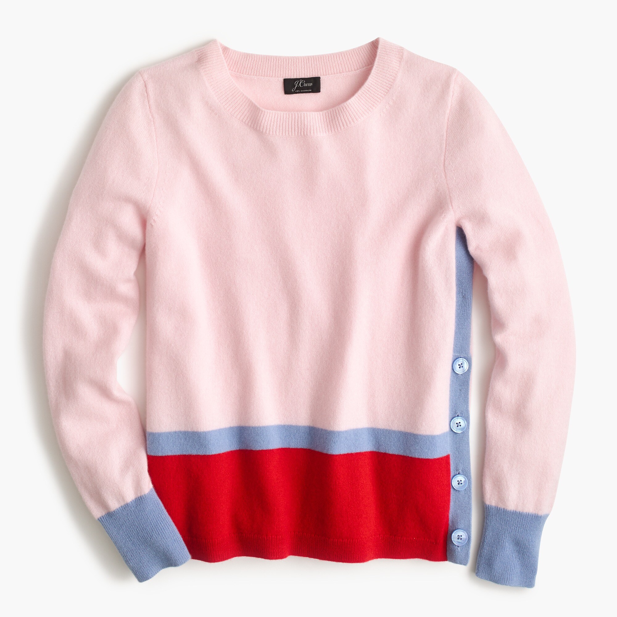 Long-sleeve everyday cashmere crewneck sweater with side buttons