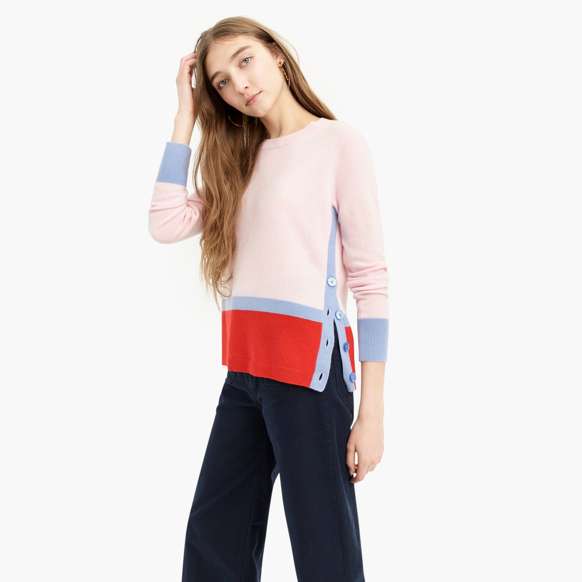 womens Long-sleeve everyday cashmere crewneck sweater with side buttons