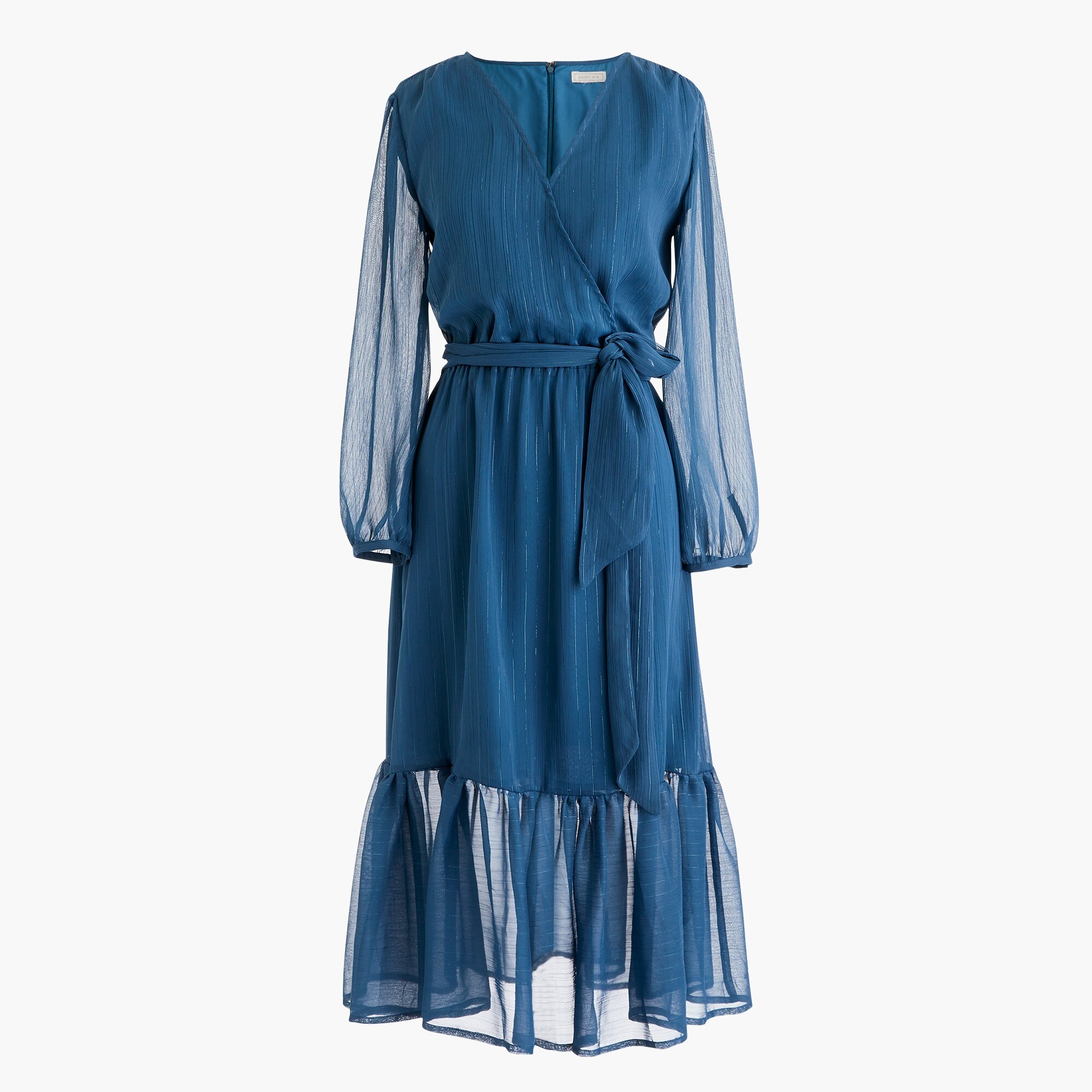 point sur faux wrap dress in lurex crinkle chiffon NWT! $148 Point Sur Women's Size 2 Faux Wrap Dress Blue Crinkle Chiffon  J.Crew