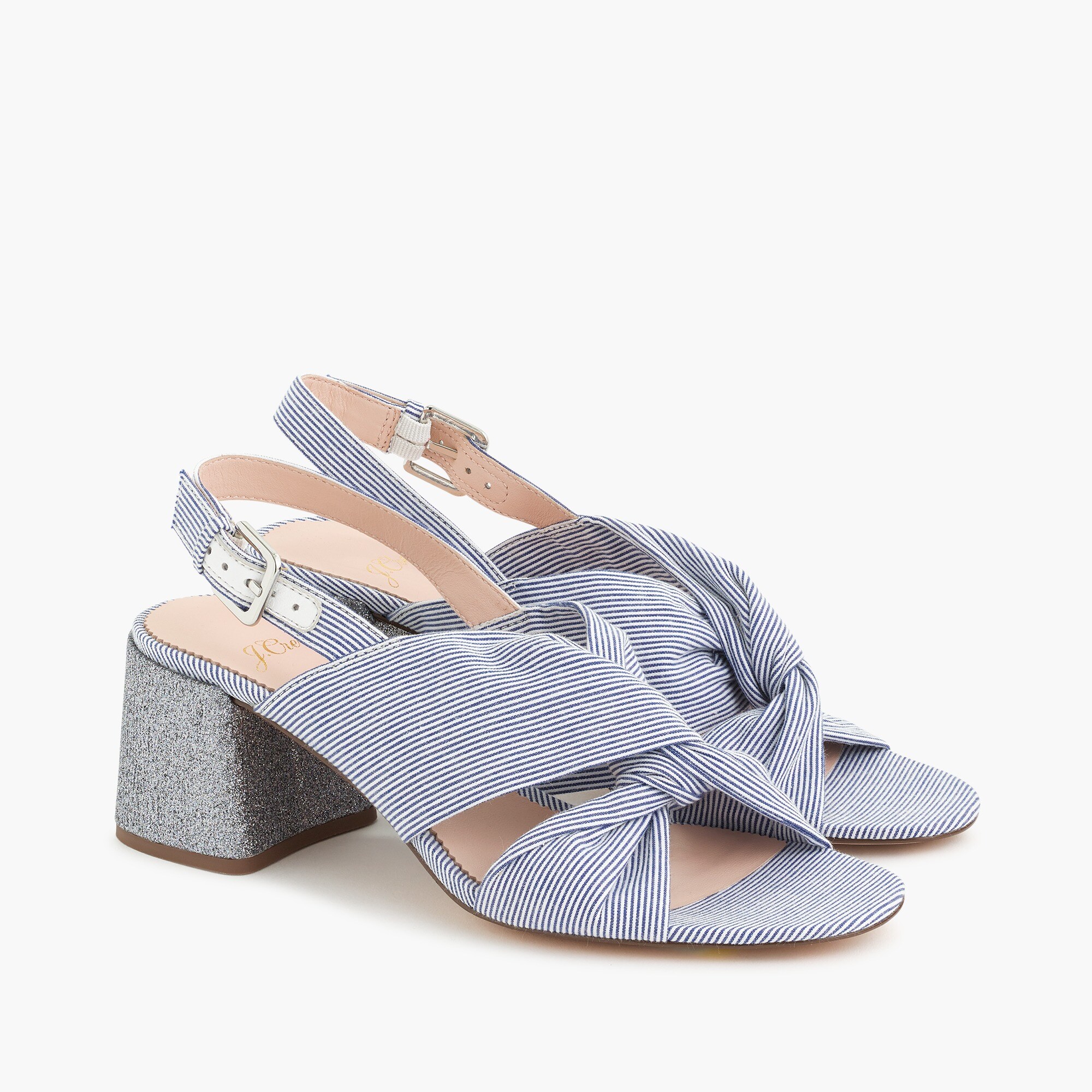 Twisted-knot Penny sandals in stripe with glitter heel