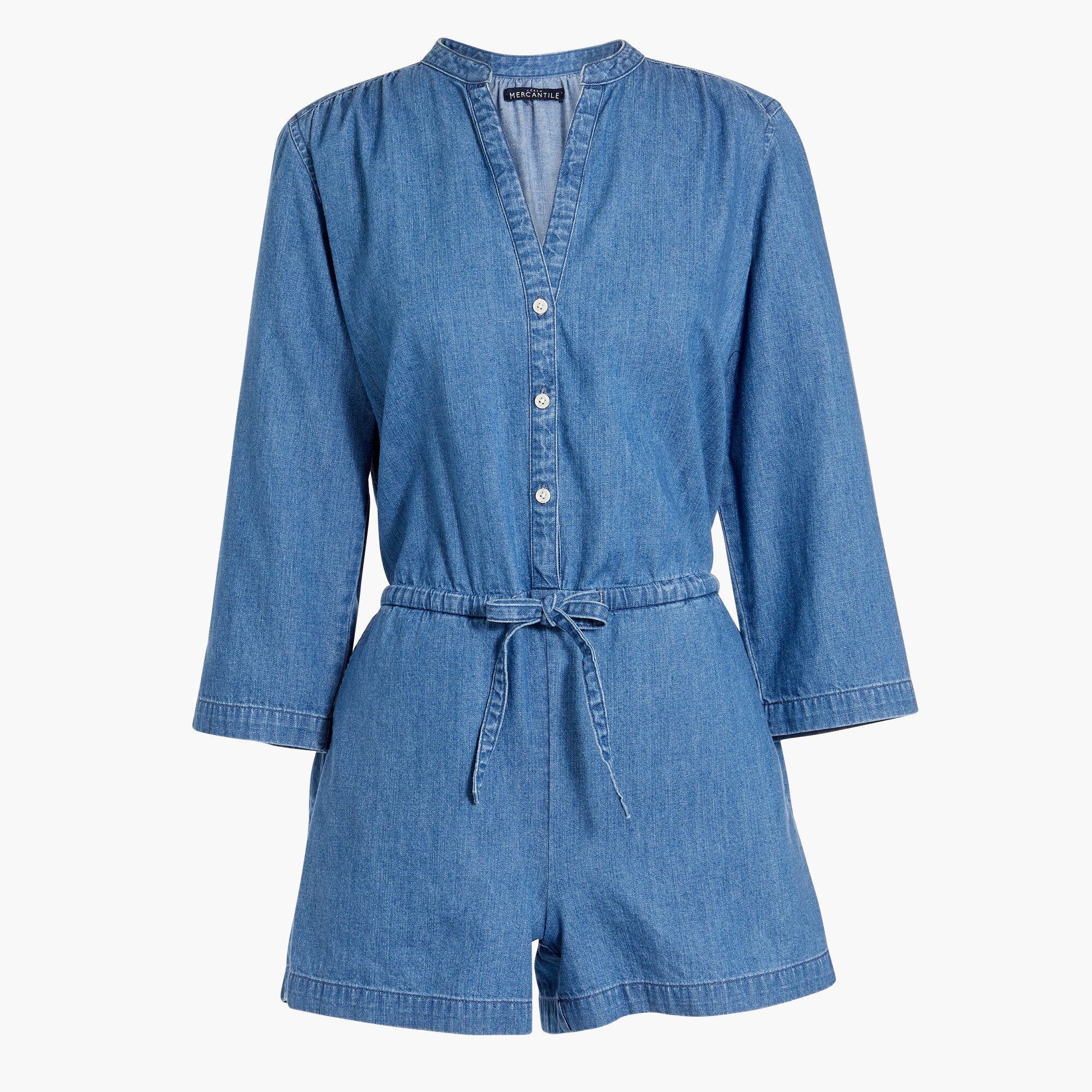 three-quarter sleeve denim romper for women