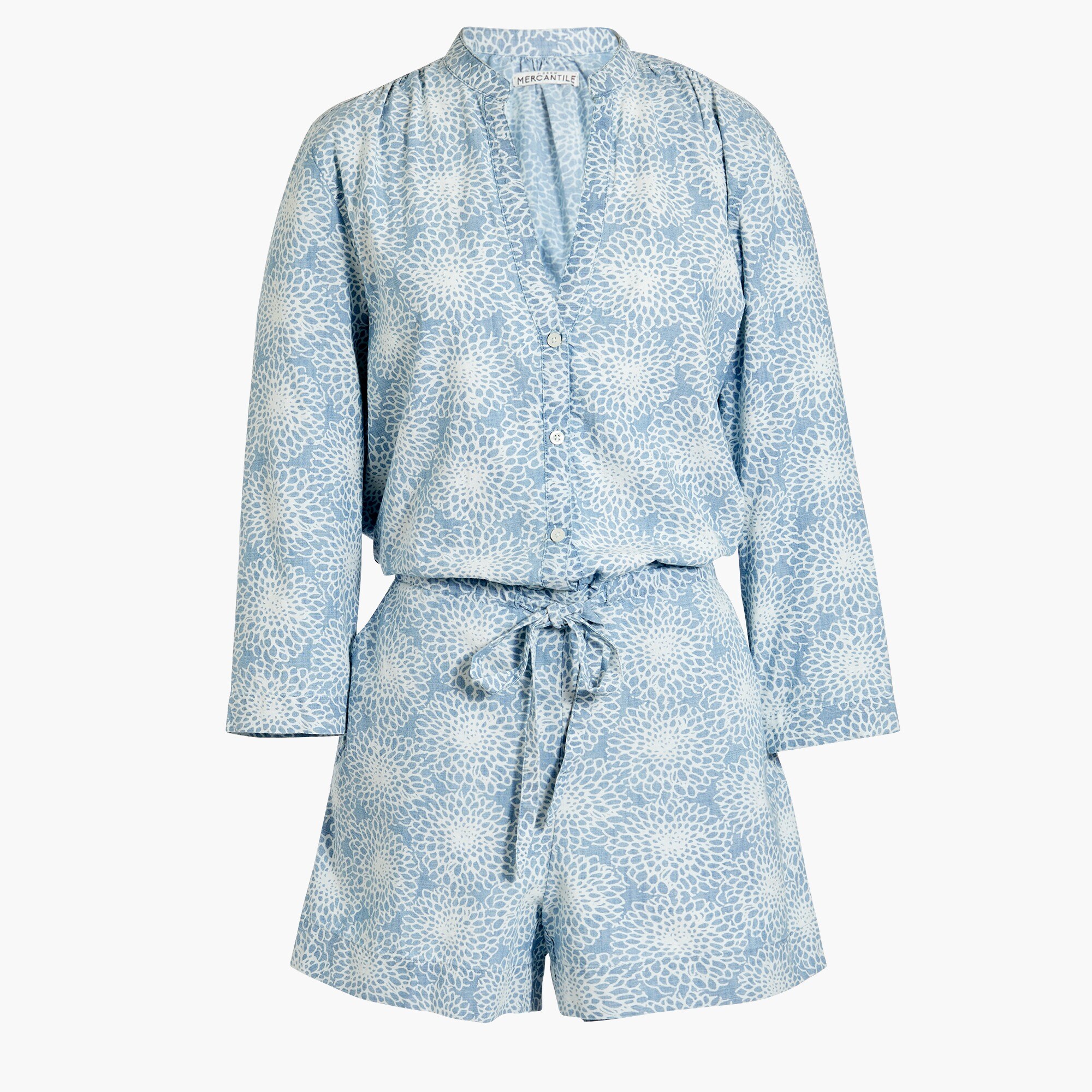 Three-quarter sleeve printed denim romper