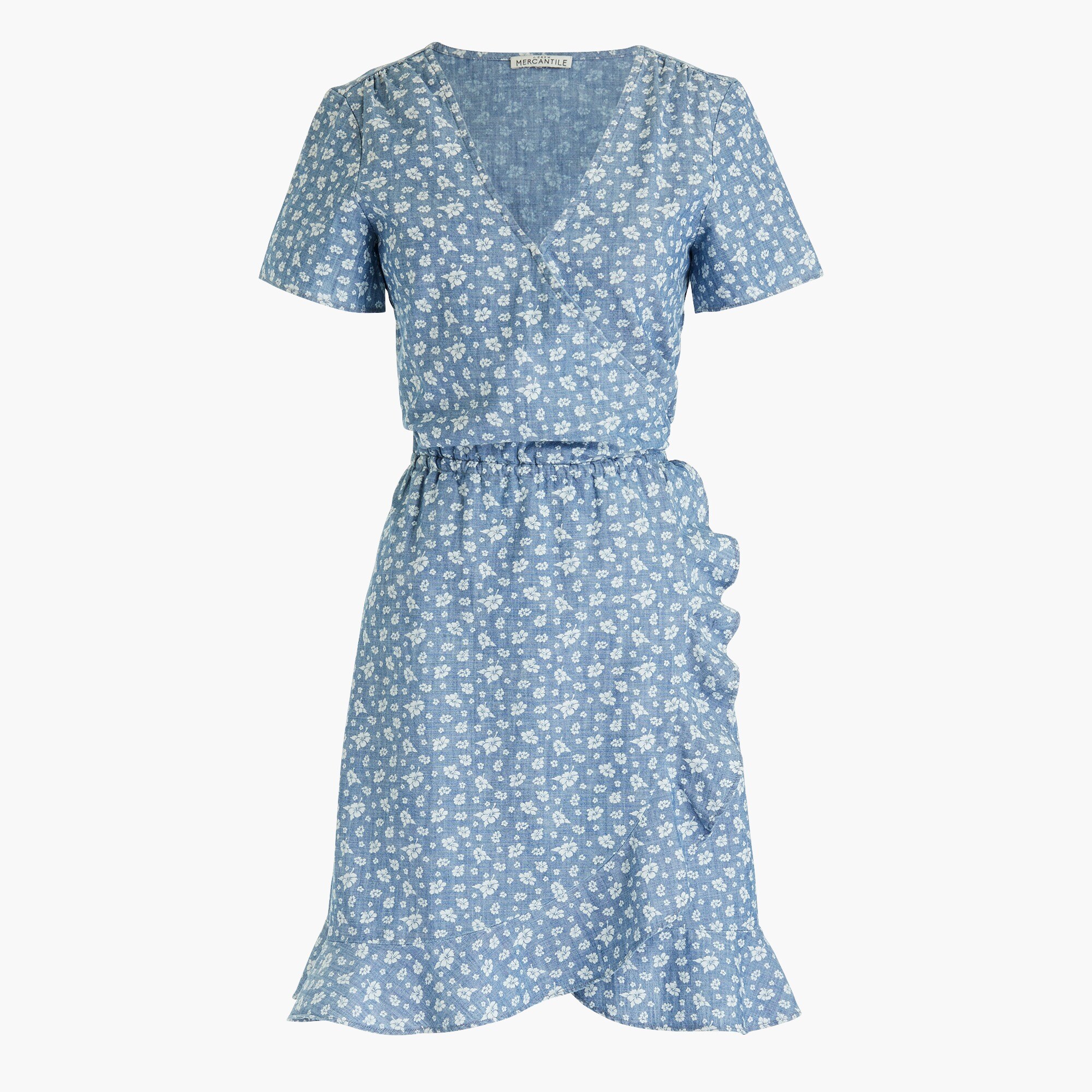 Printed chambray ruffle faux-wrap dress