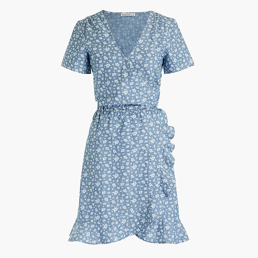 factory: printed chambray ruffle faux-wrap dress for women, right side, view zoomed