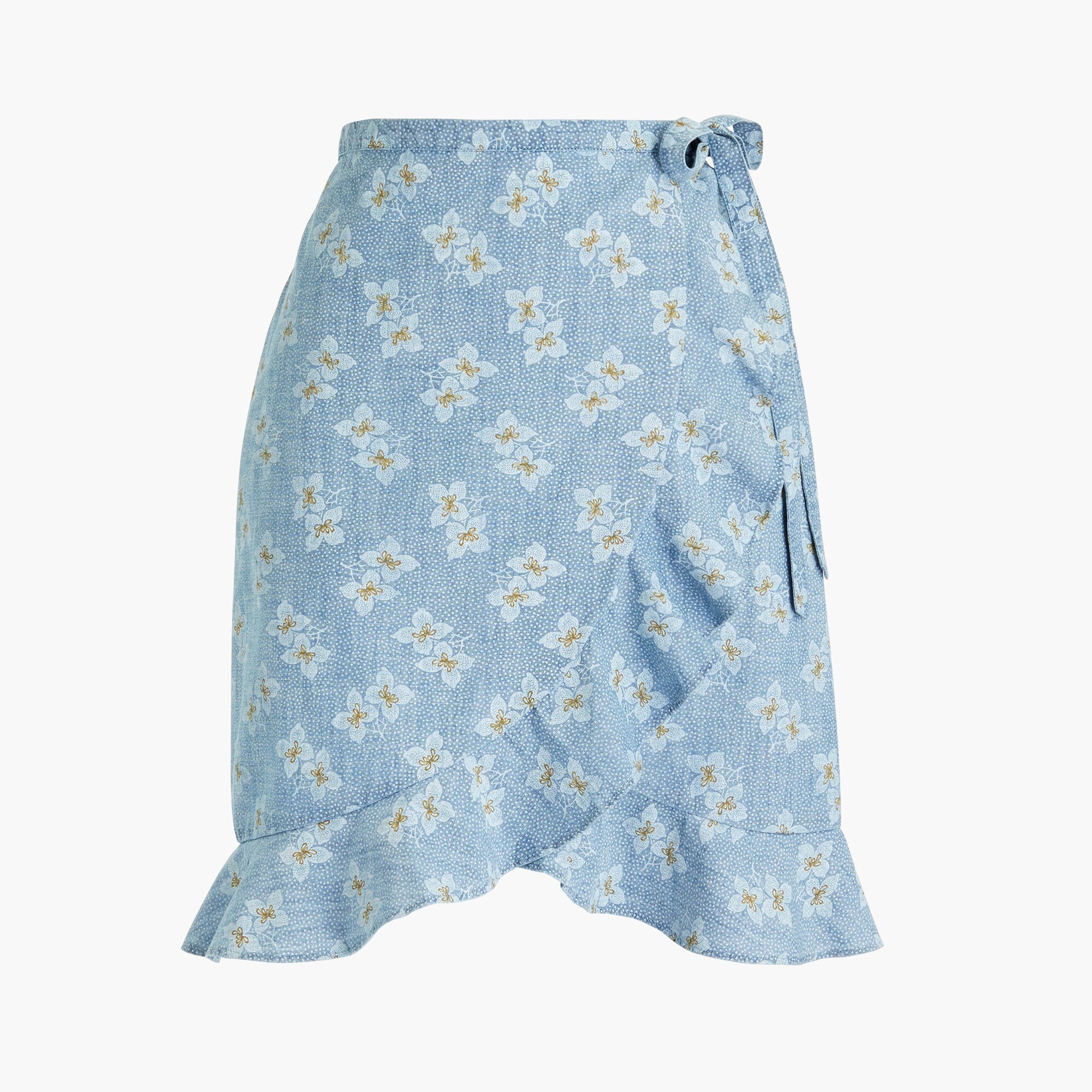 Printed chambray faux-wrap mini skirt