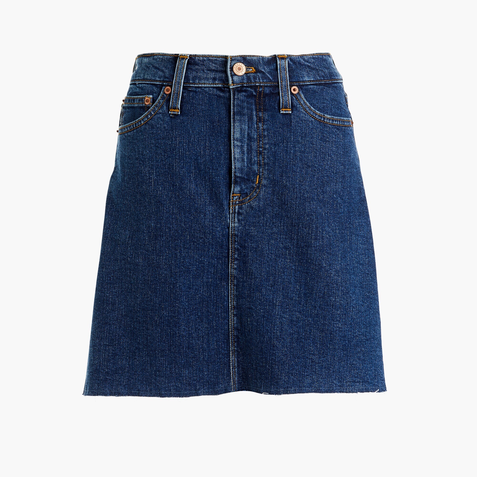 Raw edge denim mini skirt