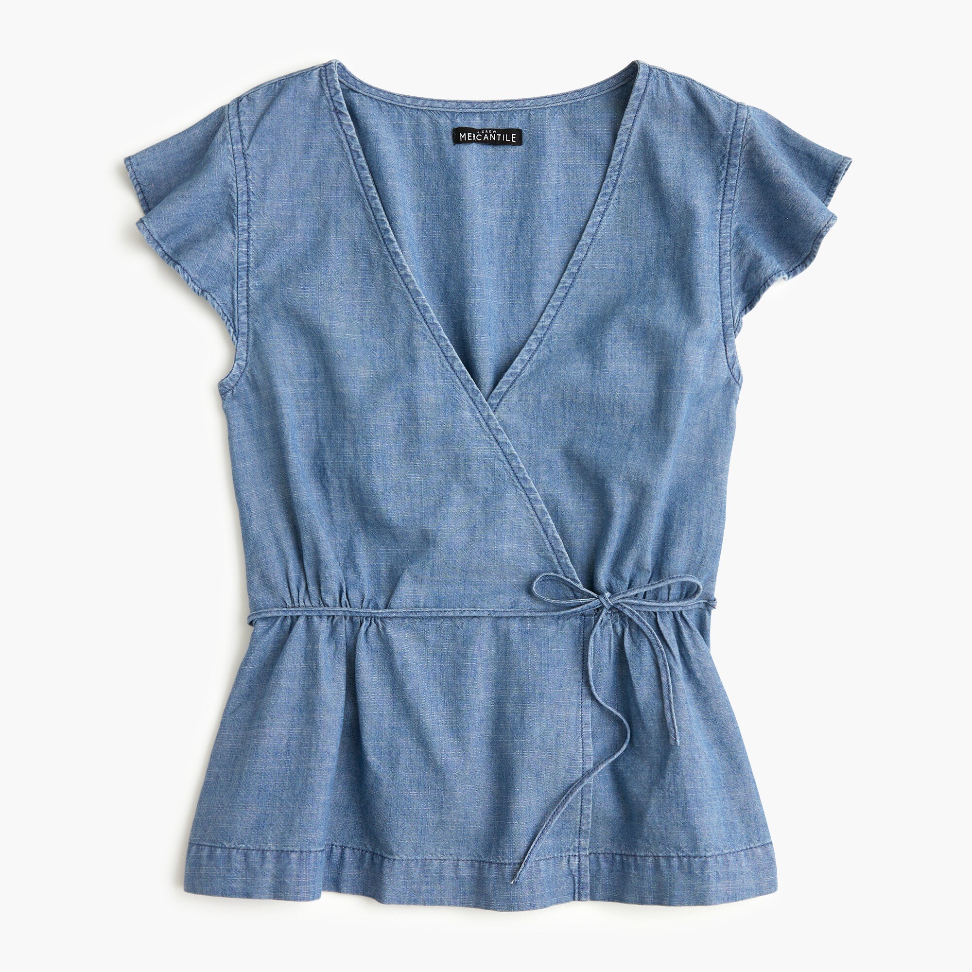 flutter-sleeve faux-wrap top in chambray for women