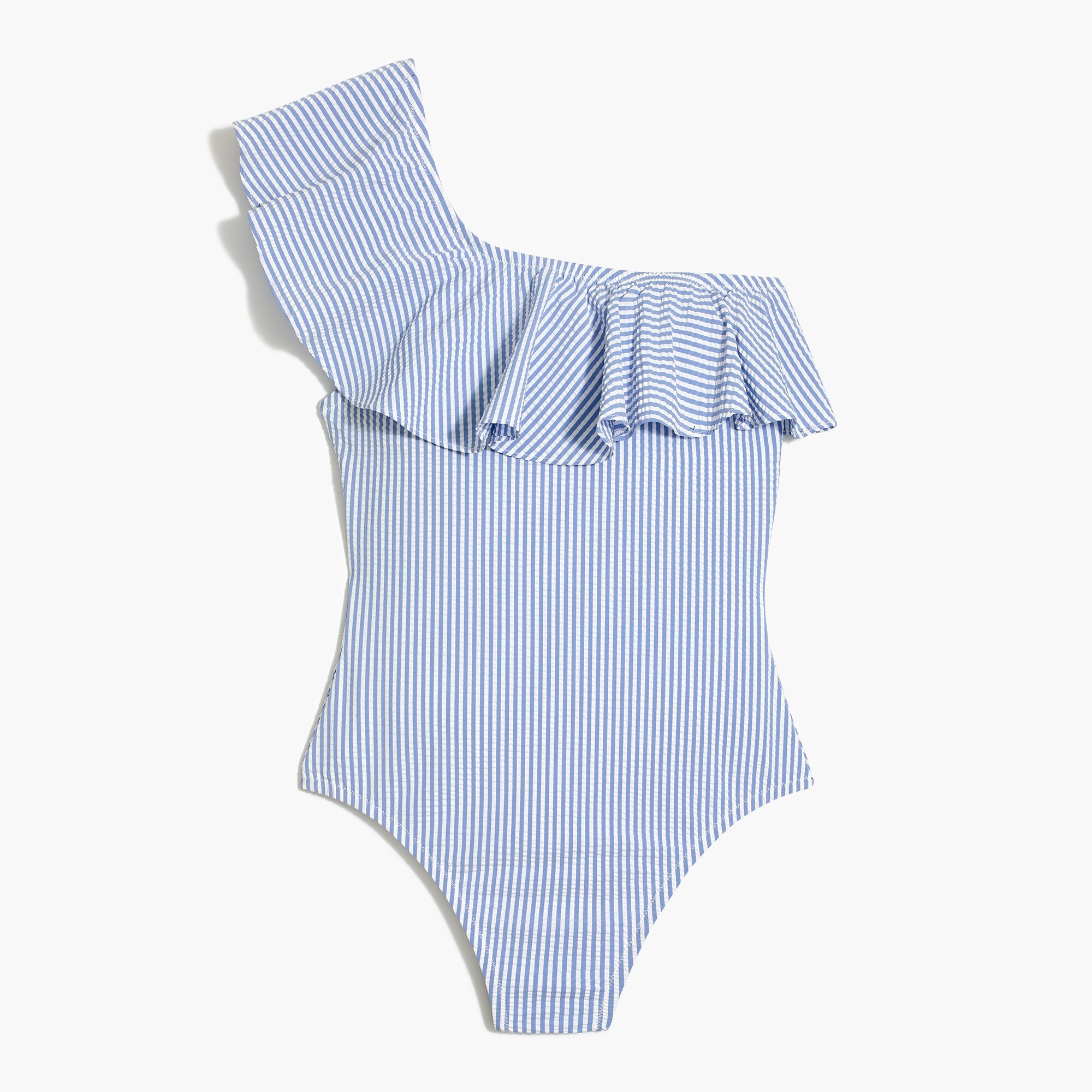 Seersucker ruffle one-shoulder one-piece swimsuit