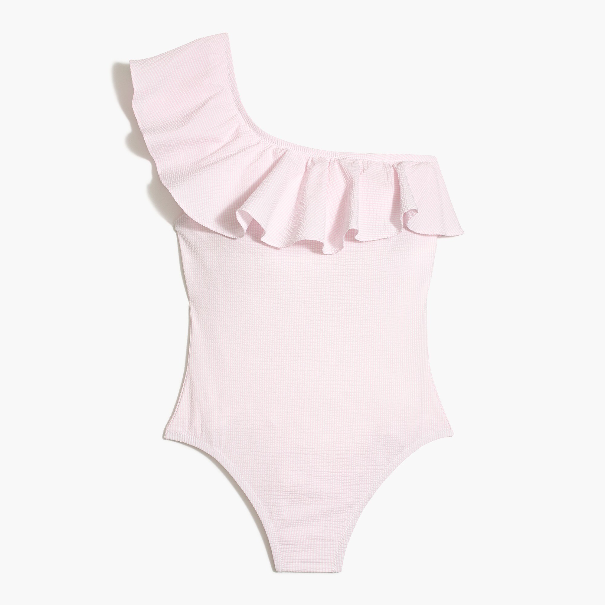 Seersucker ruffle one-shoulder one-piece swimsuit