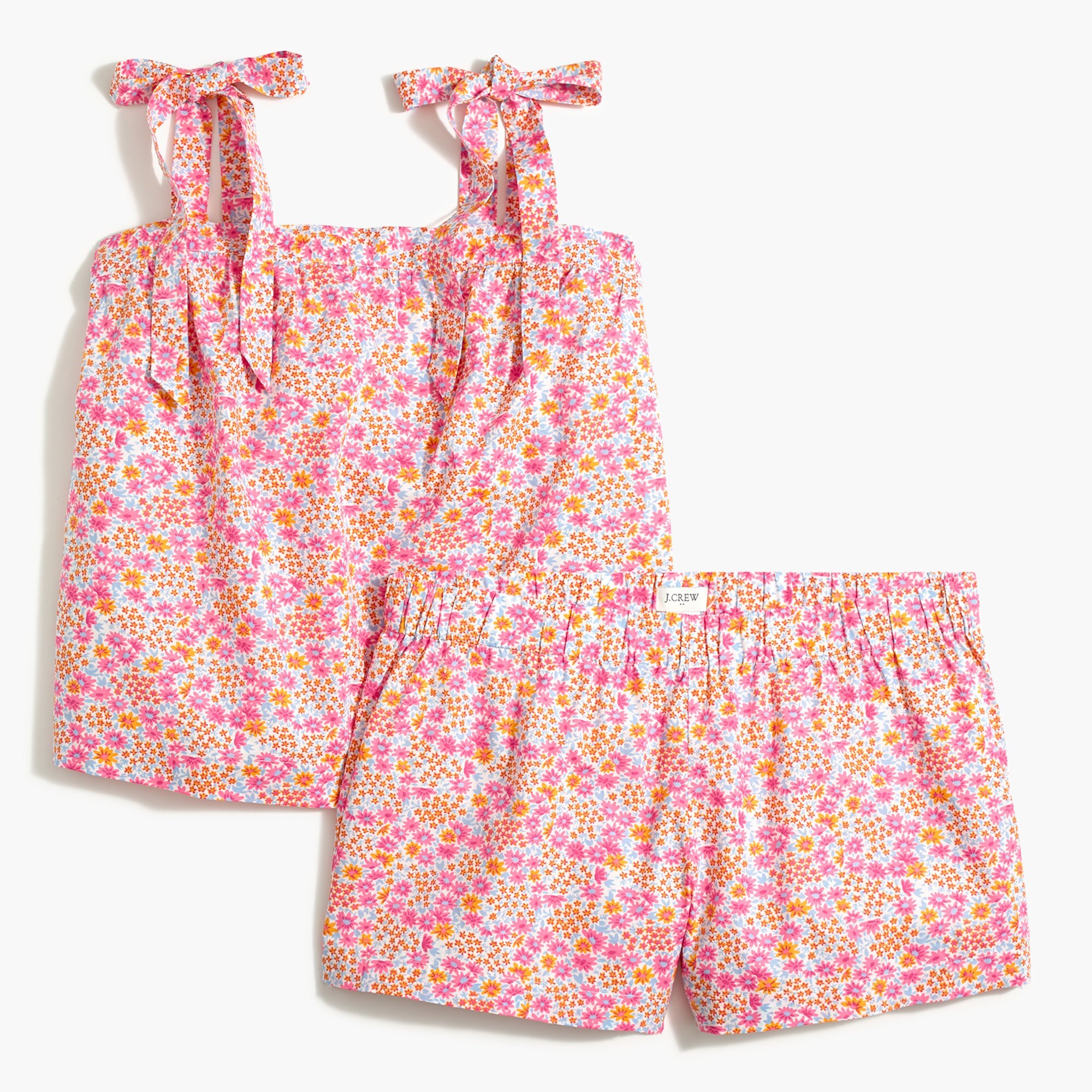 printed tie-shoulder pajama set in cotton poplin for women