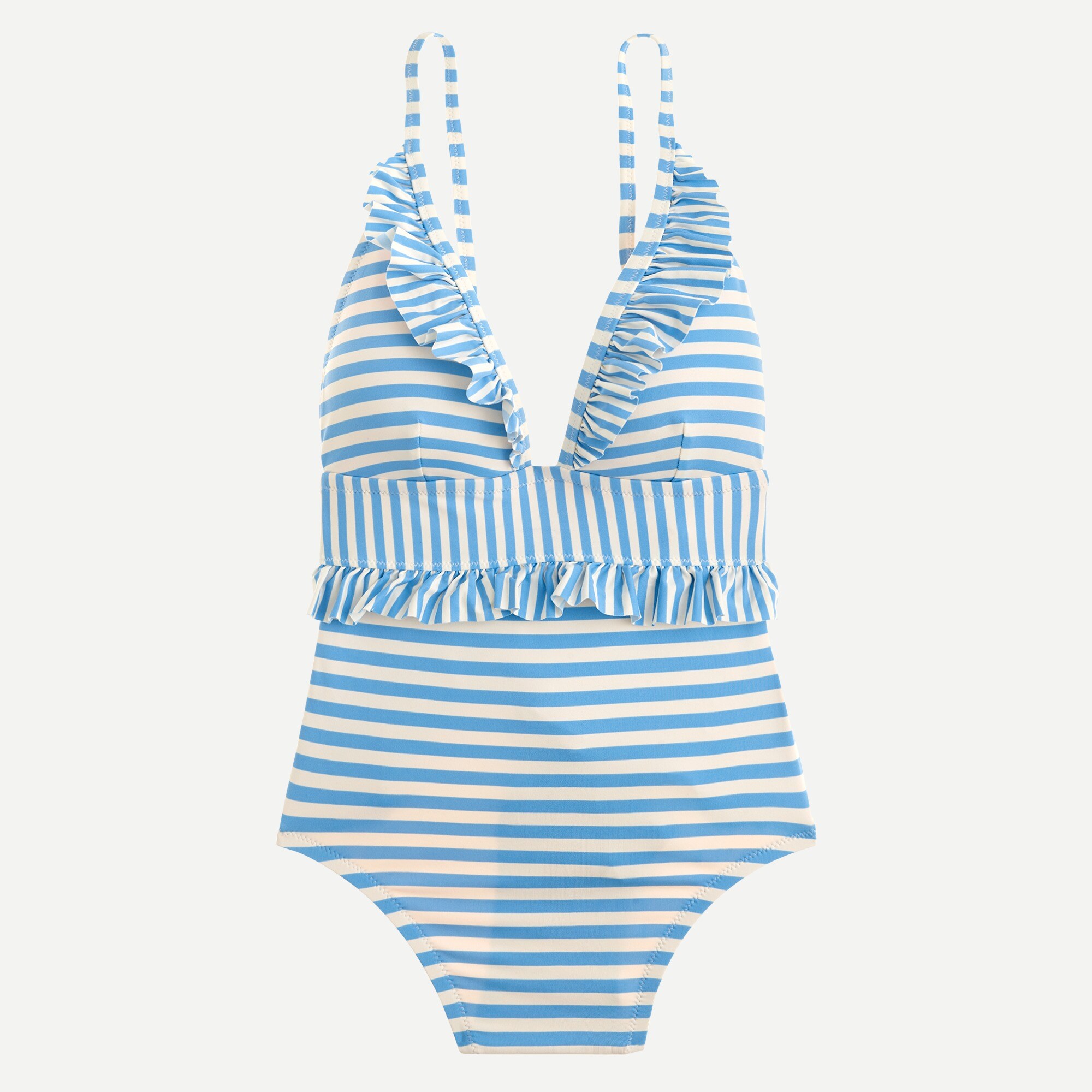 Ruffle plunging one-piece swimsuit in mixed stripe