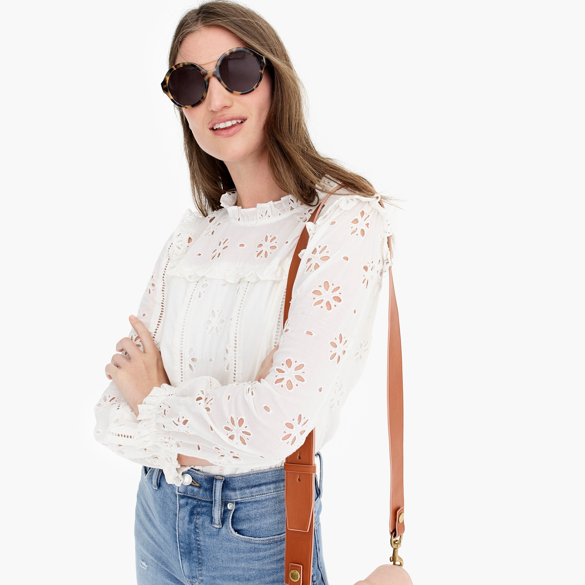 long-sleeve ruffle-neck top in eyelet - women's shirts, right side, view zoomed