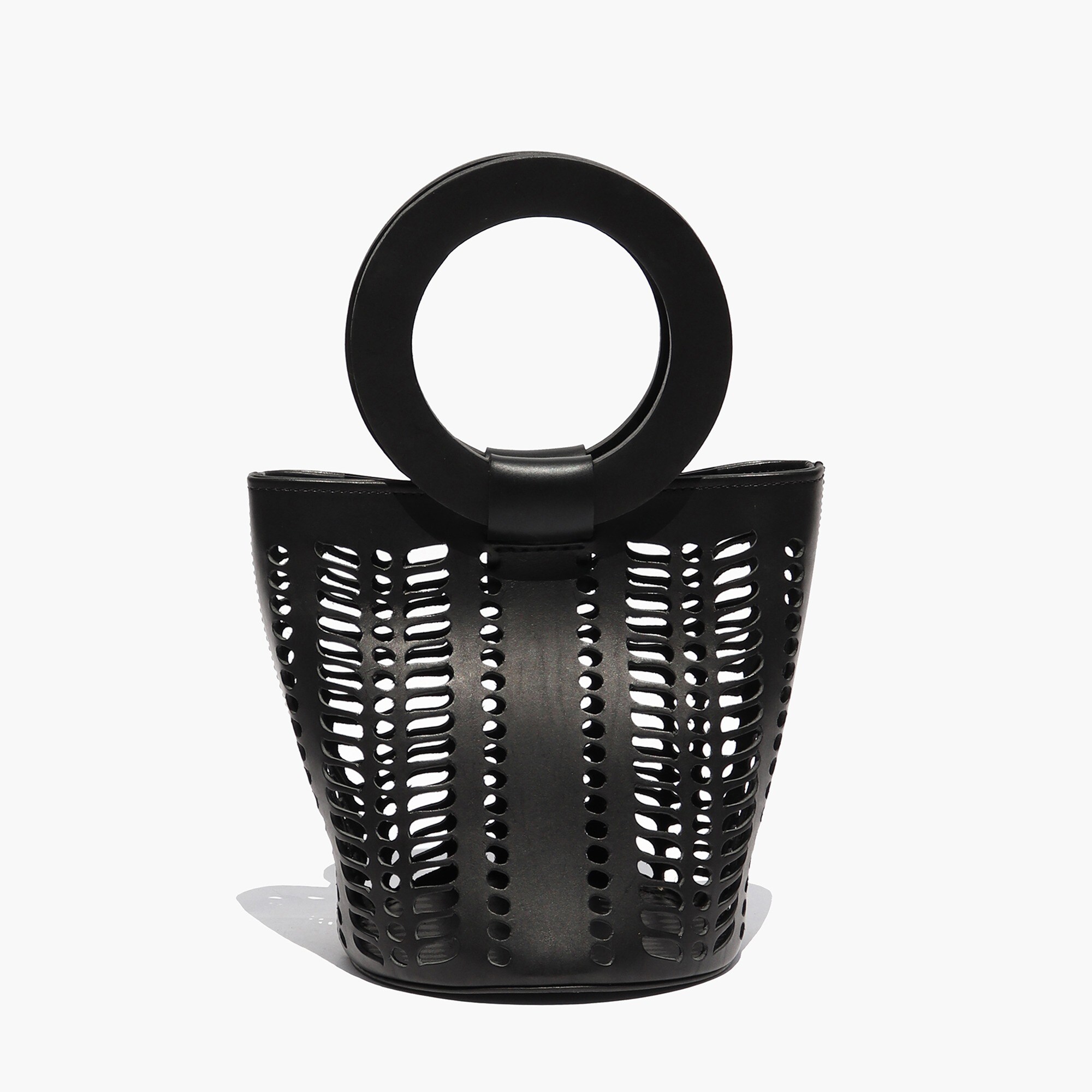womens Modern Weaving™ mini jute circle handle bucket bag in black