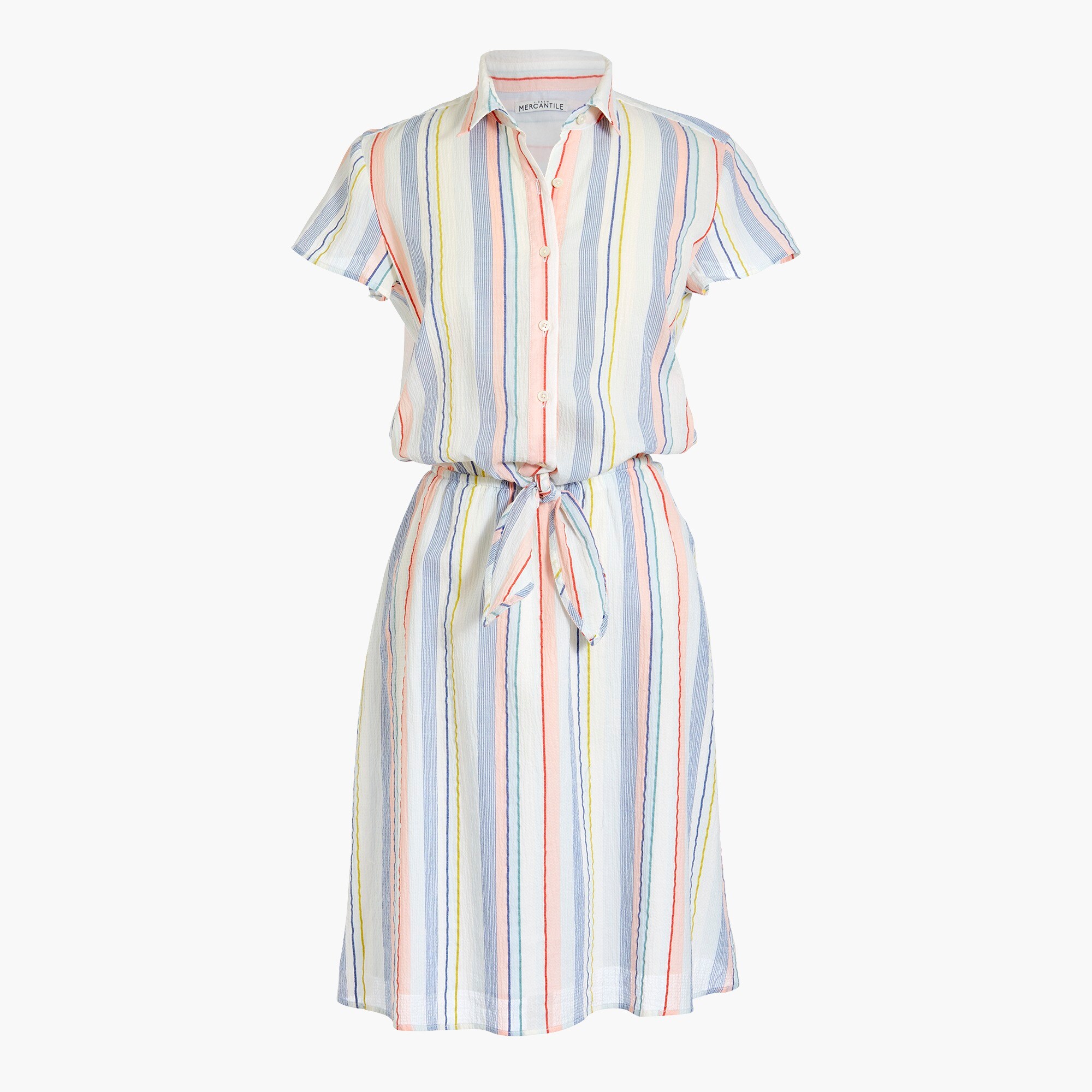 rainbow seersucker collared tie-front dress for women