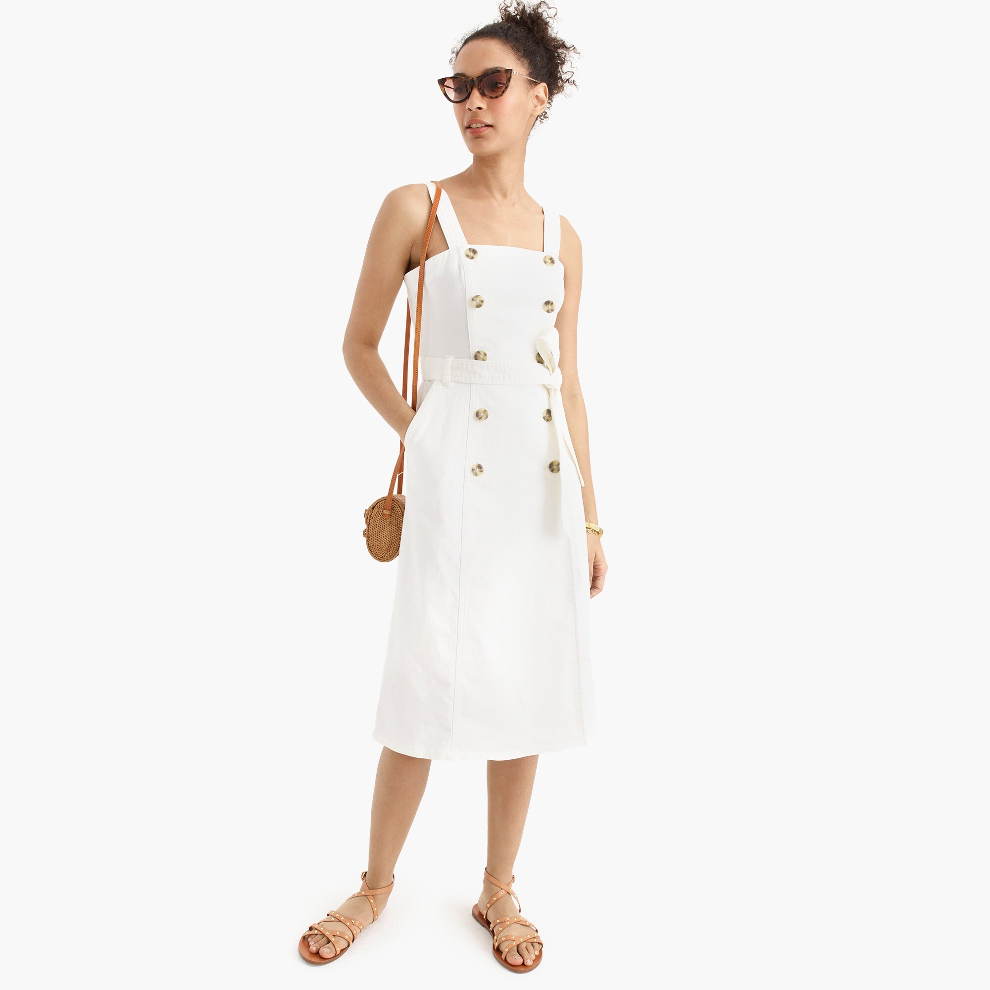 button-front trench dress in stretch white denim : women dresses and jumpsuits, right side, view zoomed