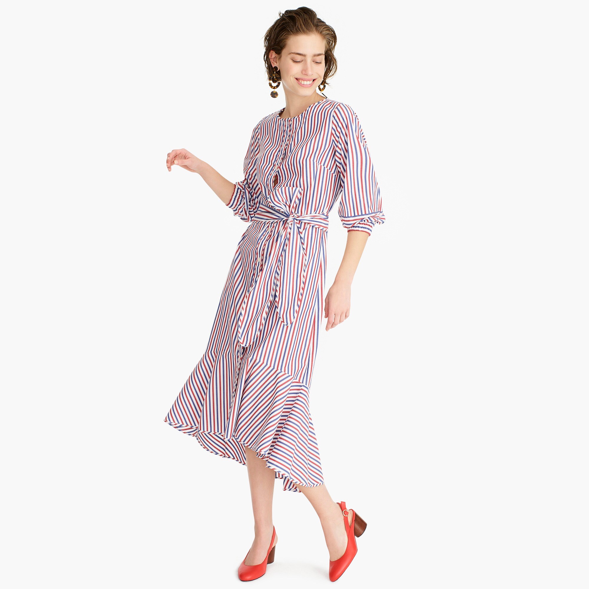 belted button-up dress in trifecta stripe - women's dresses, right side, view zoomed