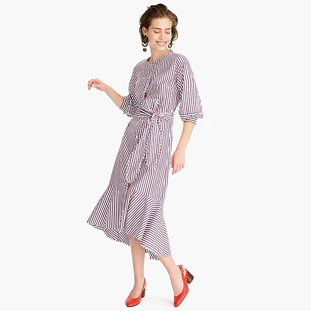 belted button-up dress in trifecta stripe - women's dresses, right side, view zoomed