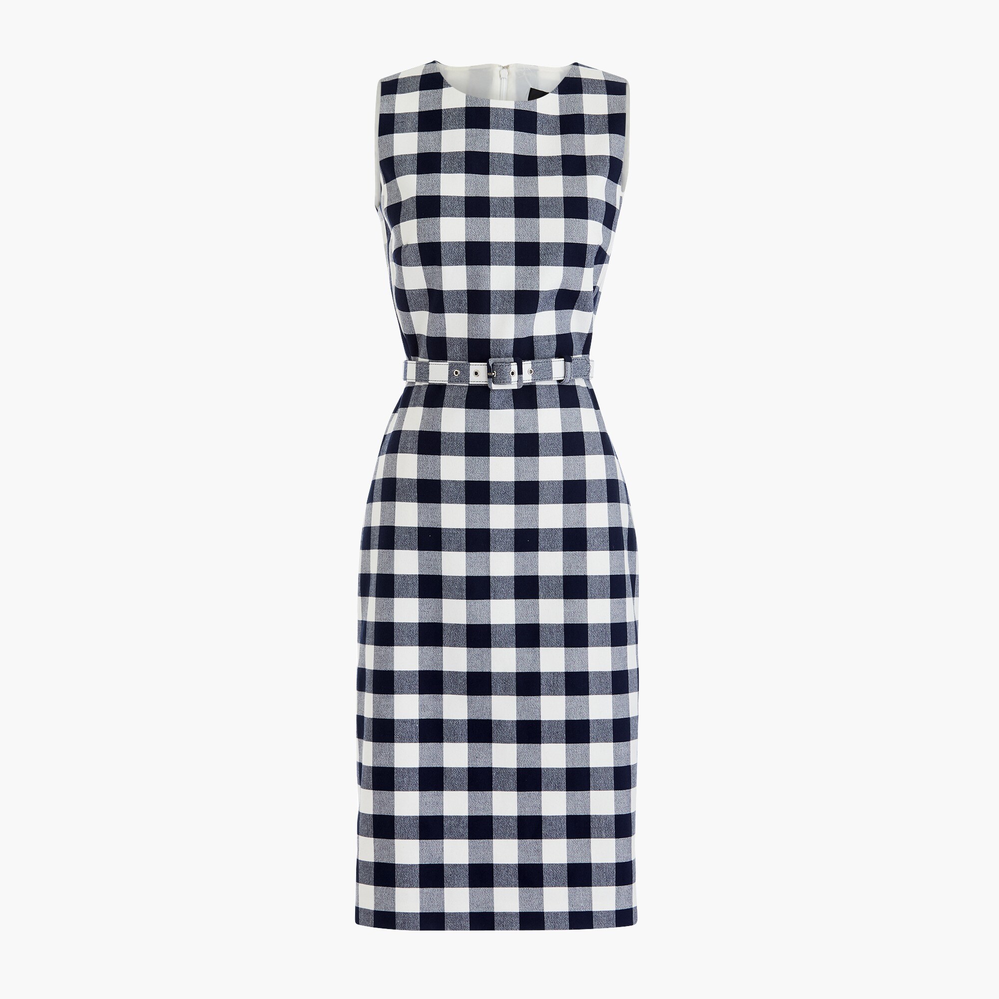 Belted gingham sheath dress in bi-stretch cotton