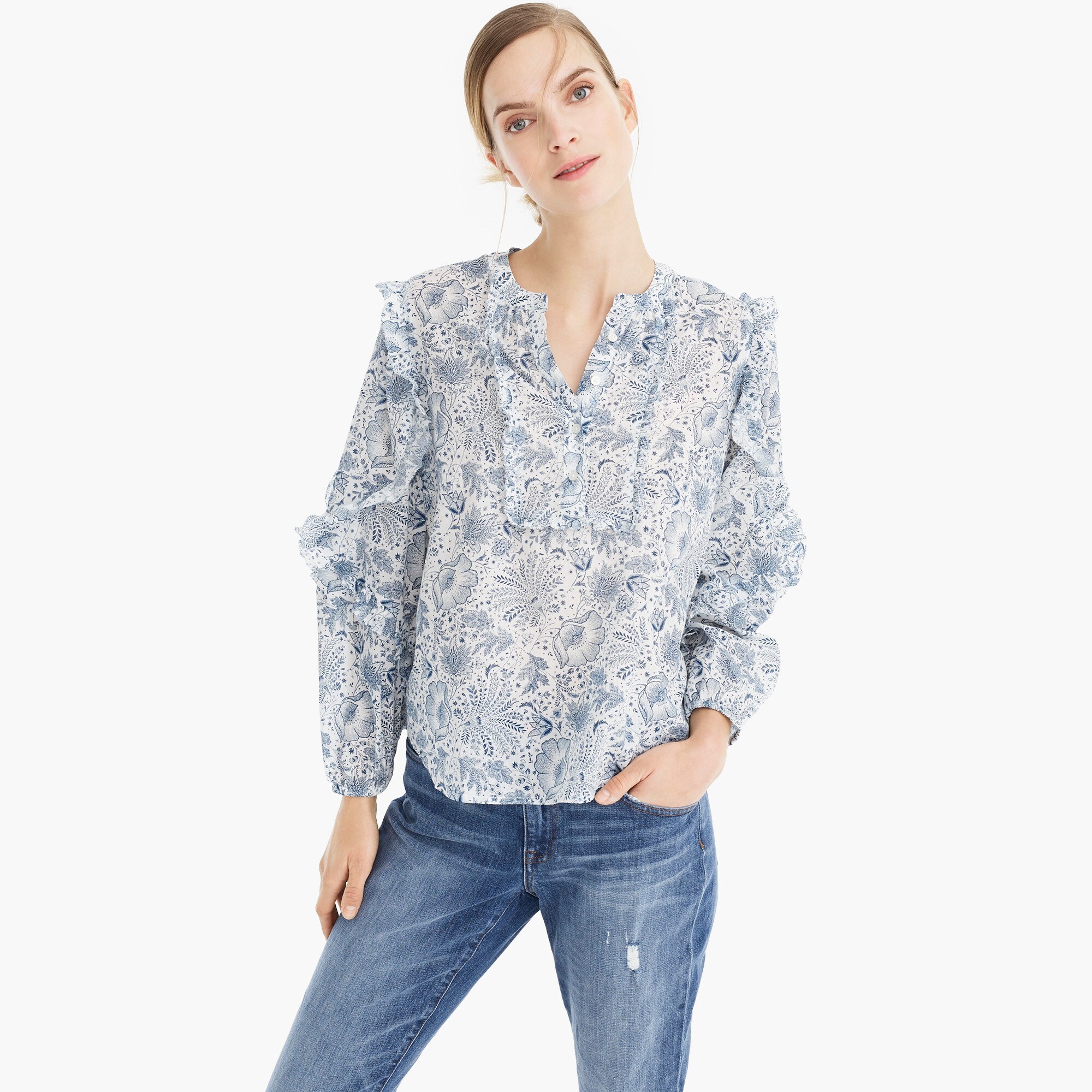 point sur ruffle-sleeve popover shirt in blue botanical field : women just in, right side, view zoomed
