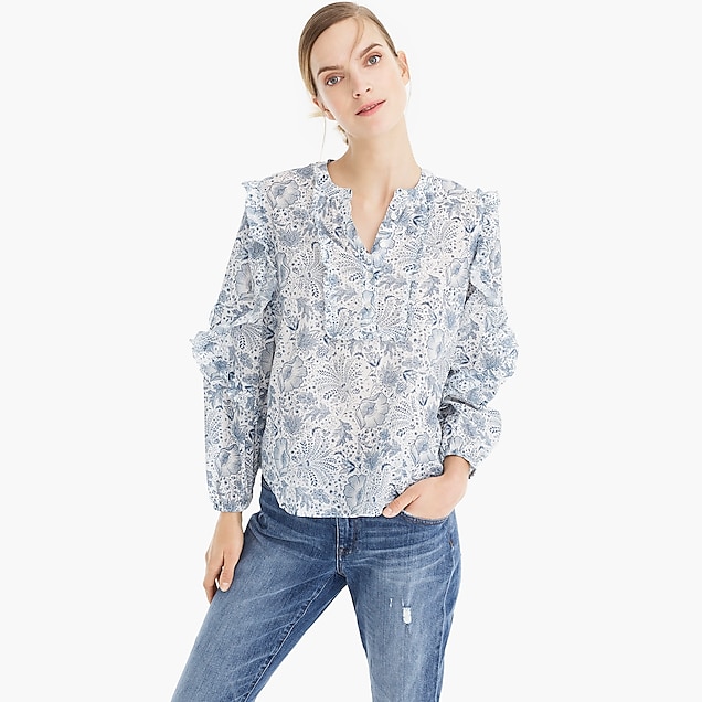point sur ruffle-sleeve popover shirt in blue botanical field : women just in, right side, view zoomed