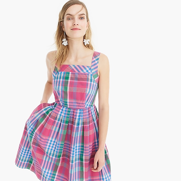 apron sundress in magenta plaid cotton - women's dresses, right side, view zoomed