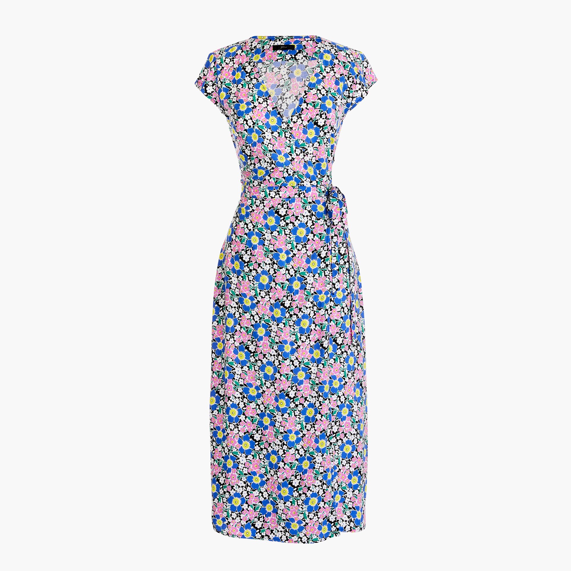 j crew short sleeve wrap dress Midi Wrap Dress In Soft Rayon Pink-and-blue Flowers For Women