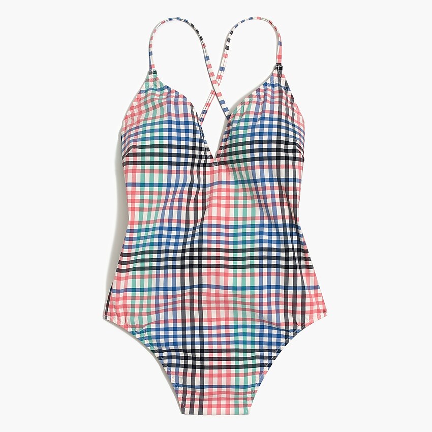 factory: plaid lace-up one-piece swimsuit for women, right side, view zoomed