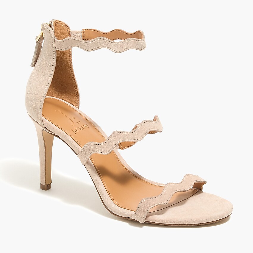j.crew factory: three-strap scalloped suede heels, right side, view zoomed