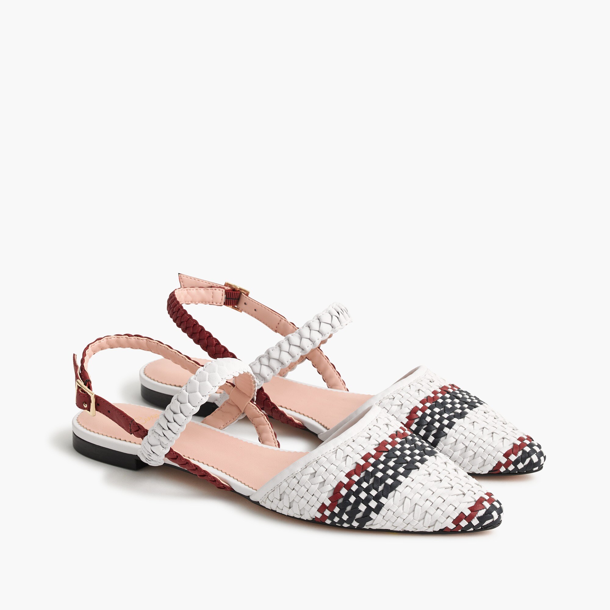 Pointed-toe woven flats with ankle strap