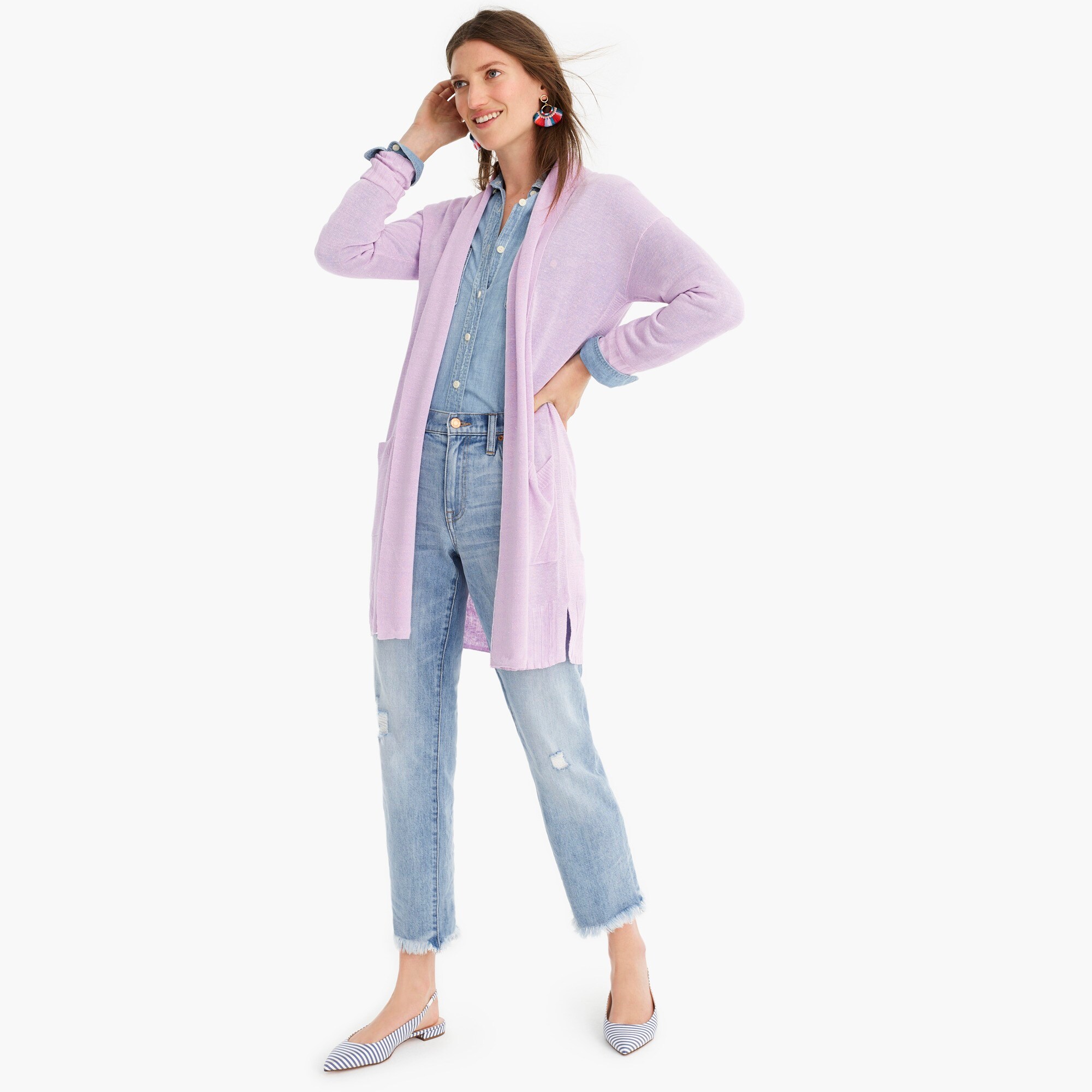 open cardigan sweater in linen blend : women sweaters, right side, view zoomed