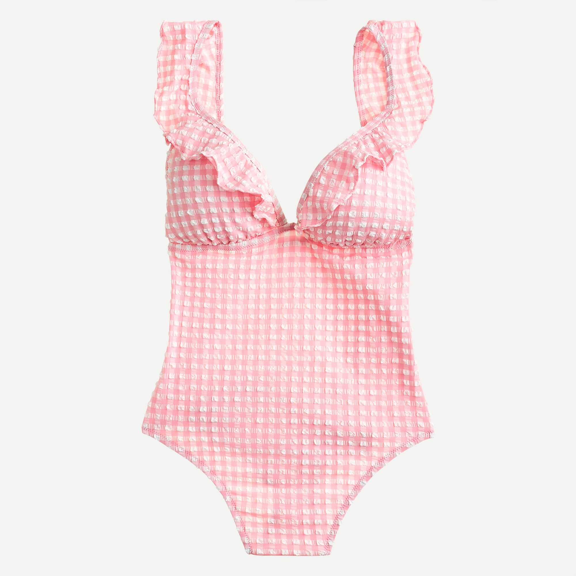 Ruffle plunging V-neck one-piece swimsuit in puckered gingham