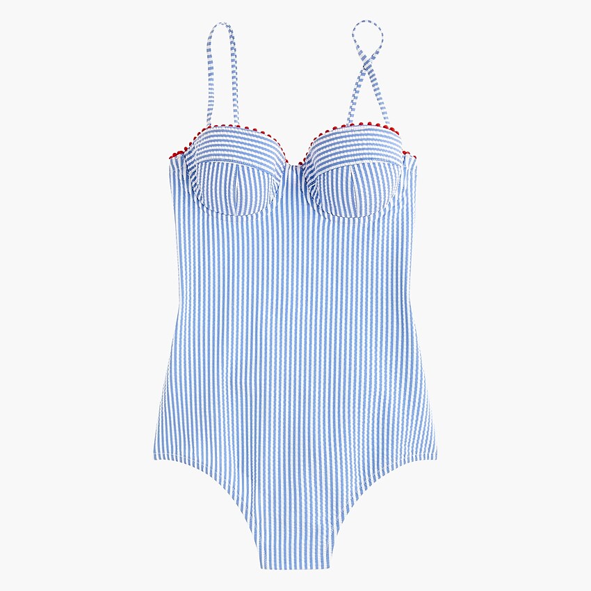 j.crew: underwire one-piece swimsuit in seersucker with trim for women, right side, view zoomed