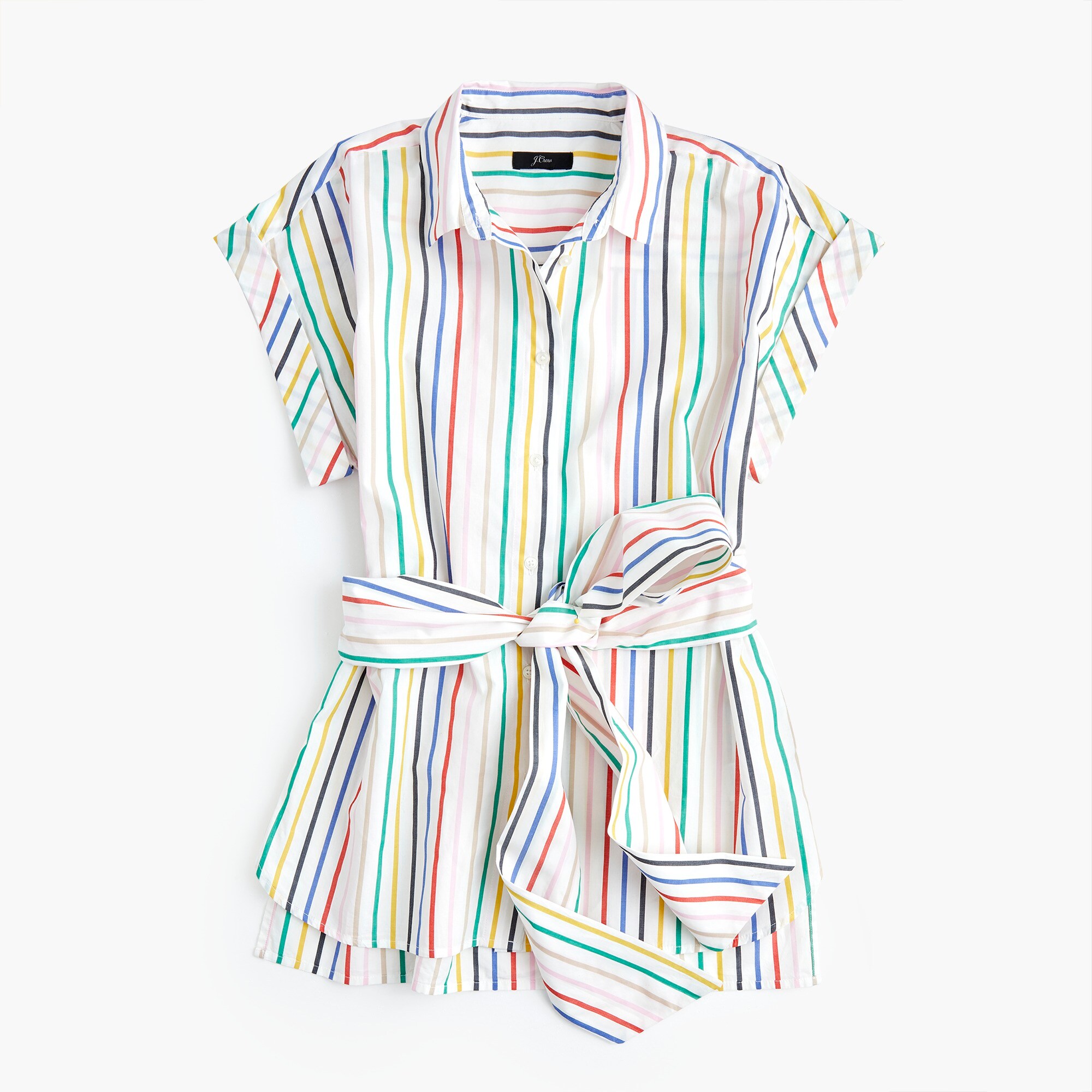 Button-front tie-waist top in rainbow mini stripe cotton poplin