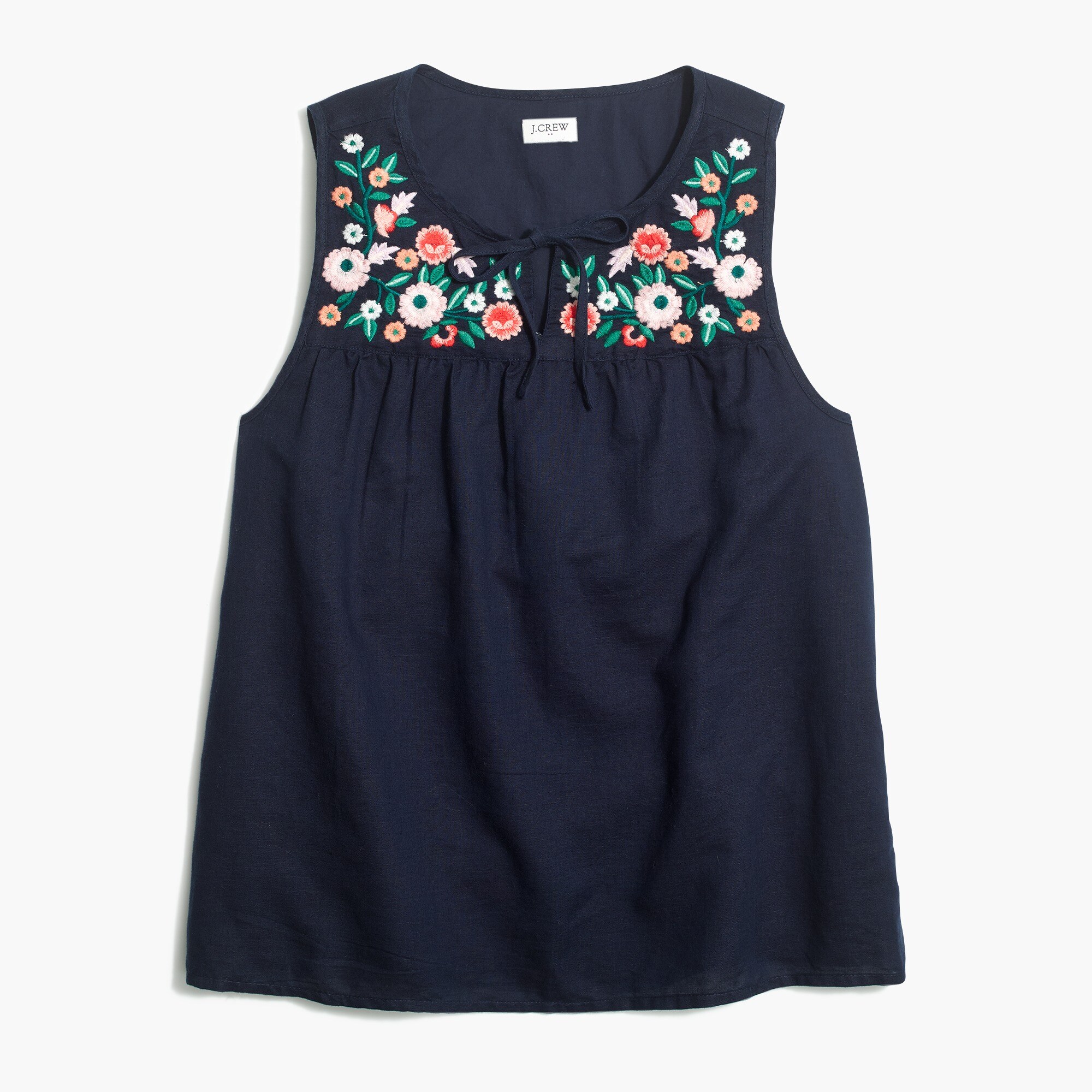 embroidered tie-neck top in linen-cotton for women