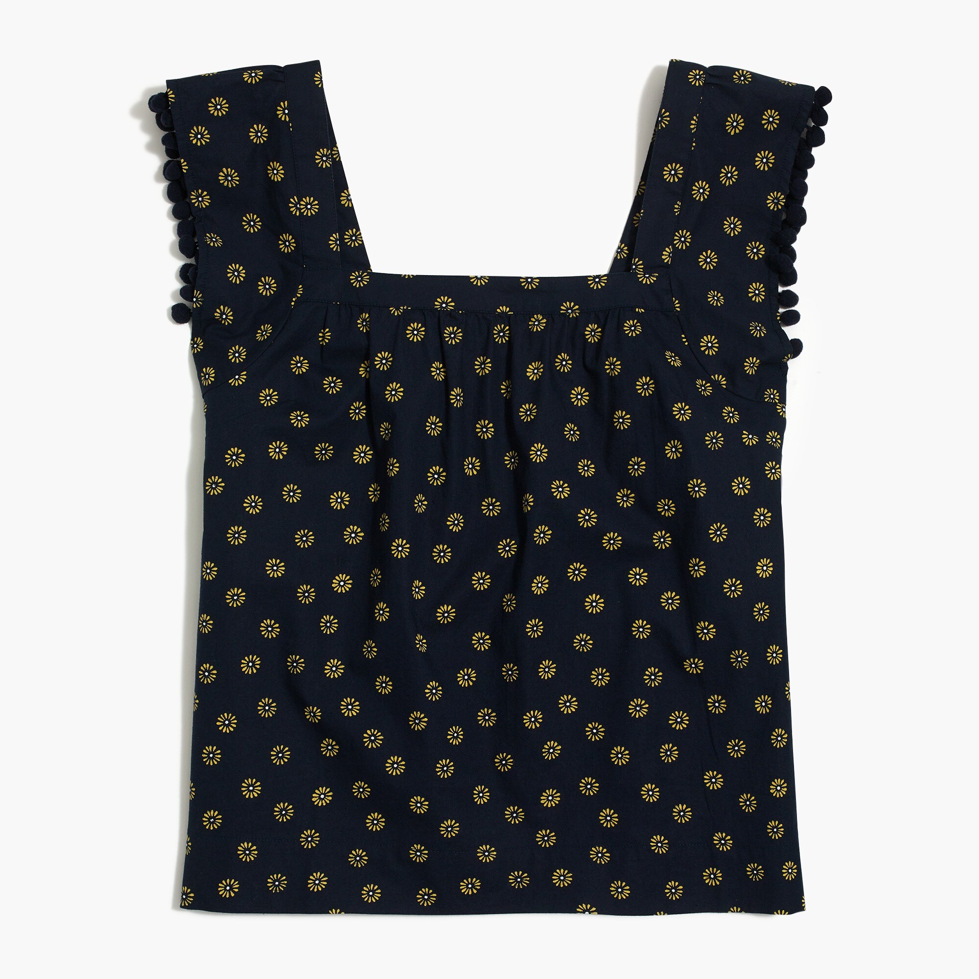 printed square-neck top in cotton poplin with pom-poms for women