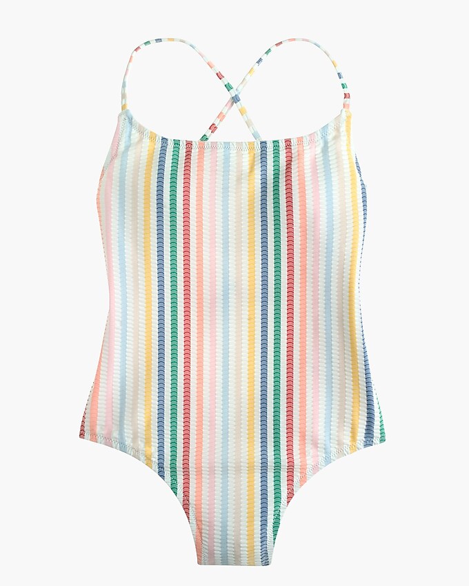 j.crew: lace-up back one-piece swimsuit in suckered rainbow stripe for women, right side, view zoomed