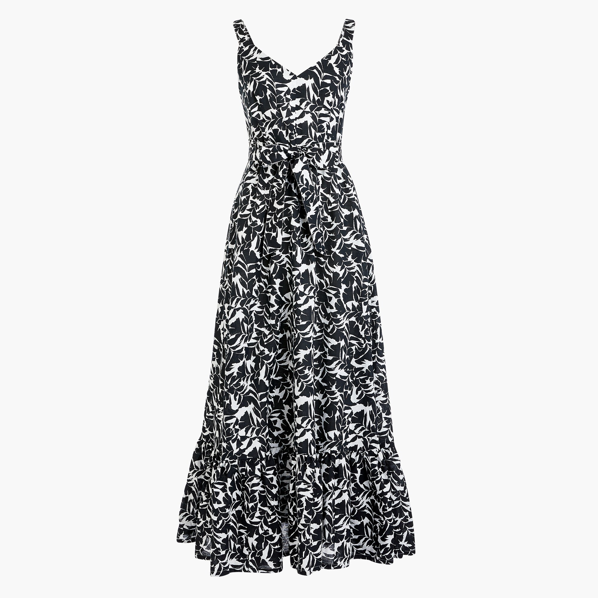 Printed tiered maxi dress in linen-cotton