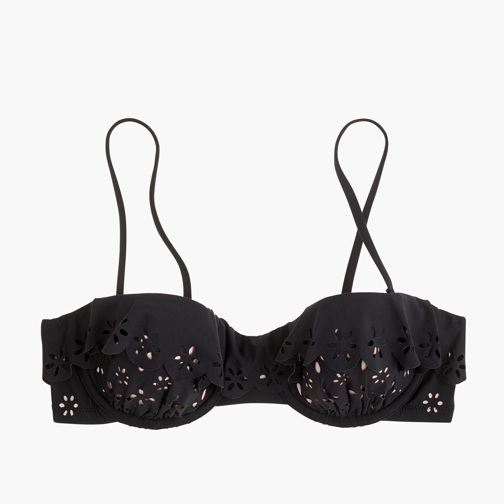 Scalloped ruffle demi underwire bikini top in laser-cut eyelet