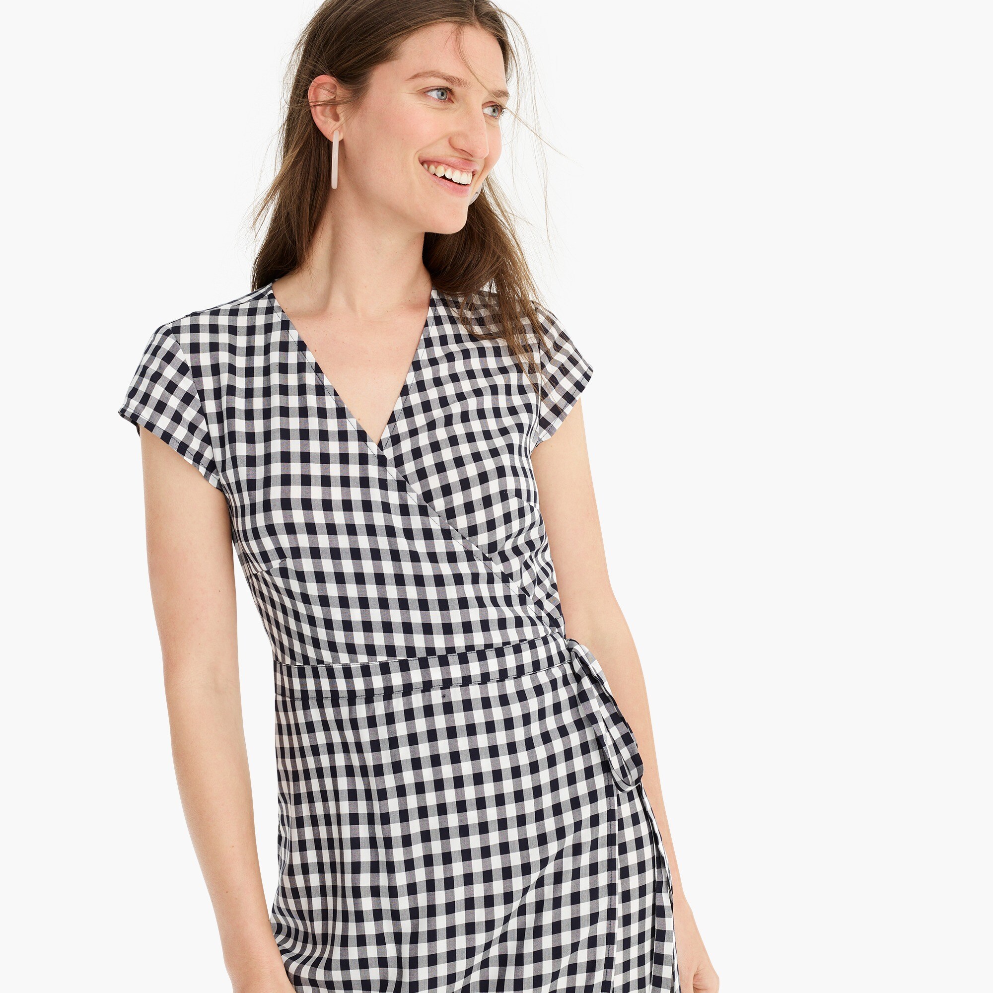 midi wrap dress in soft rayon gingham : women casual, right side, view zoomed