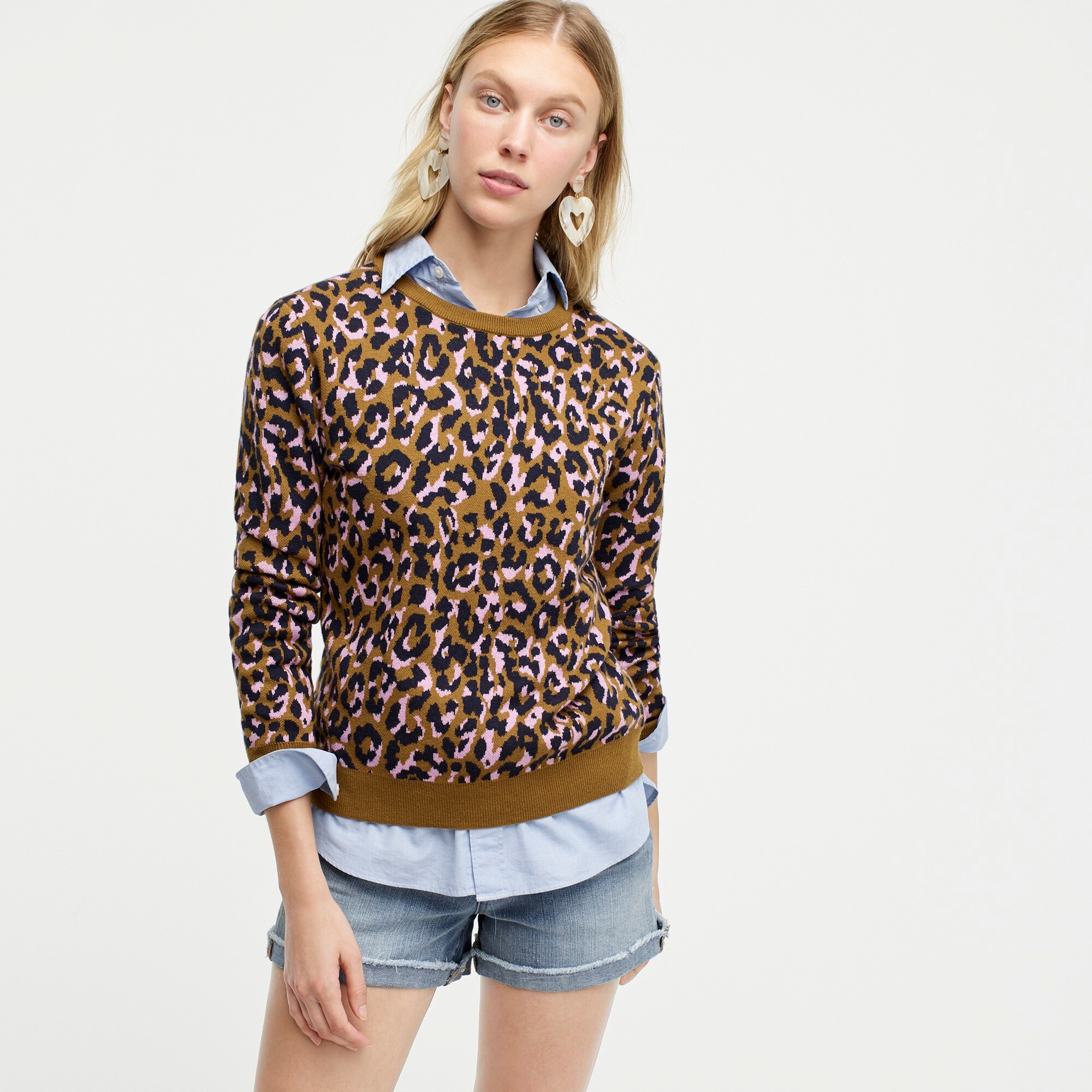 j.crew: crewneck sweater in leopard, right side, view zoomed