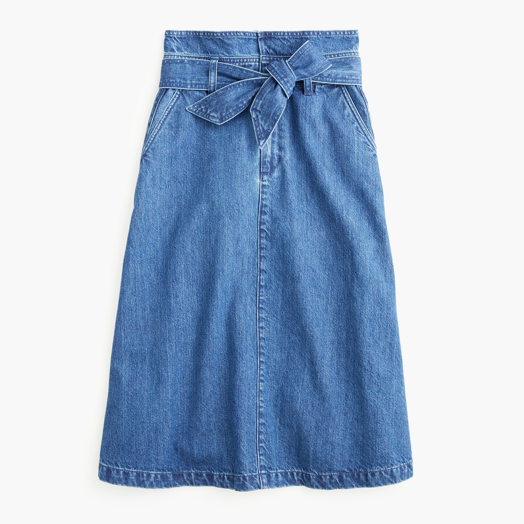 Belted A-line midi denim skirt