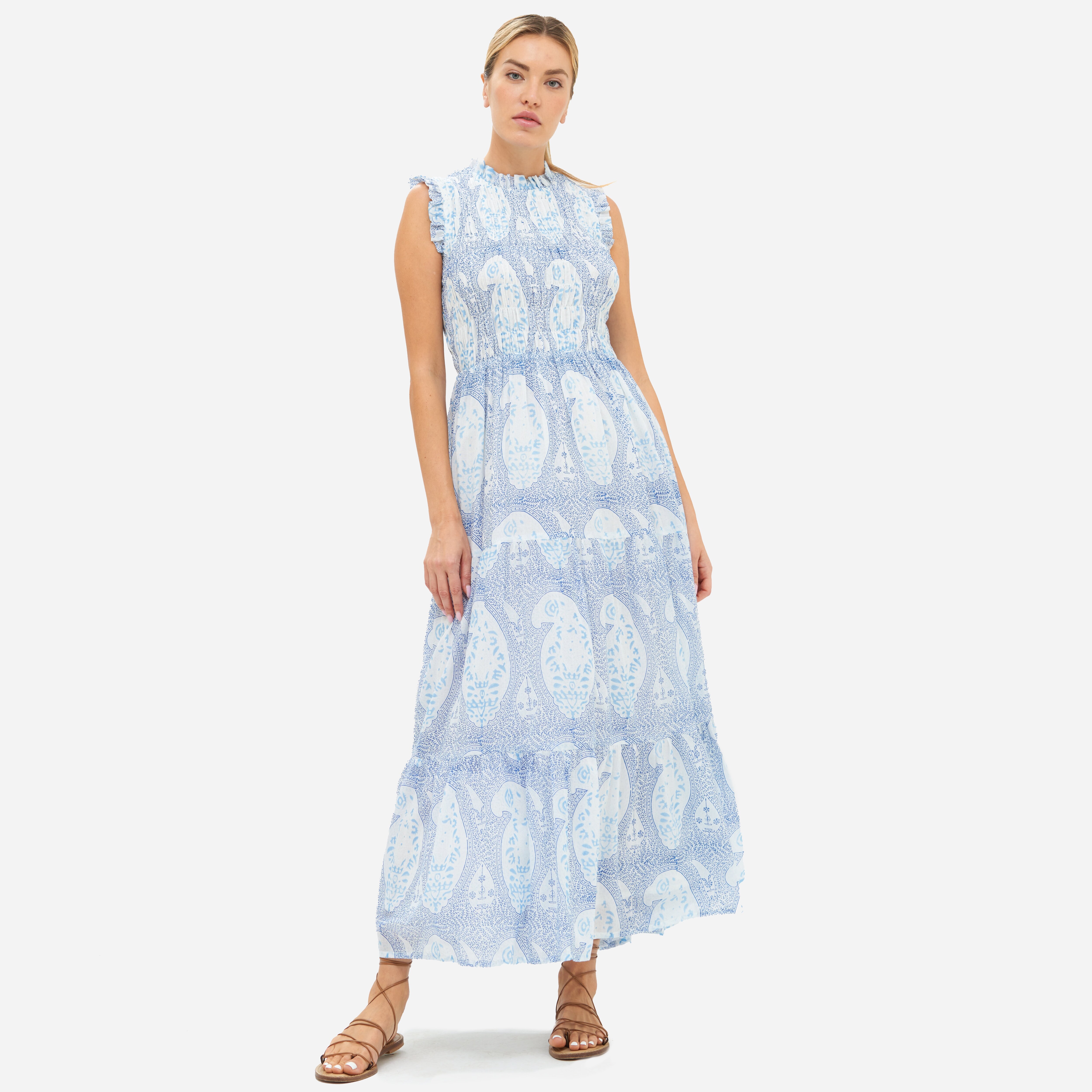 chinese dress ladies Exclusive Flora Blue Sleeveless Smocked Maxi Dress