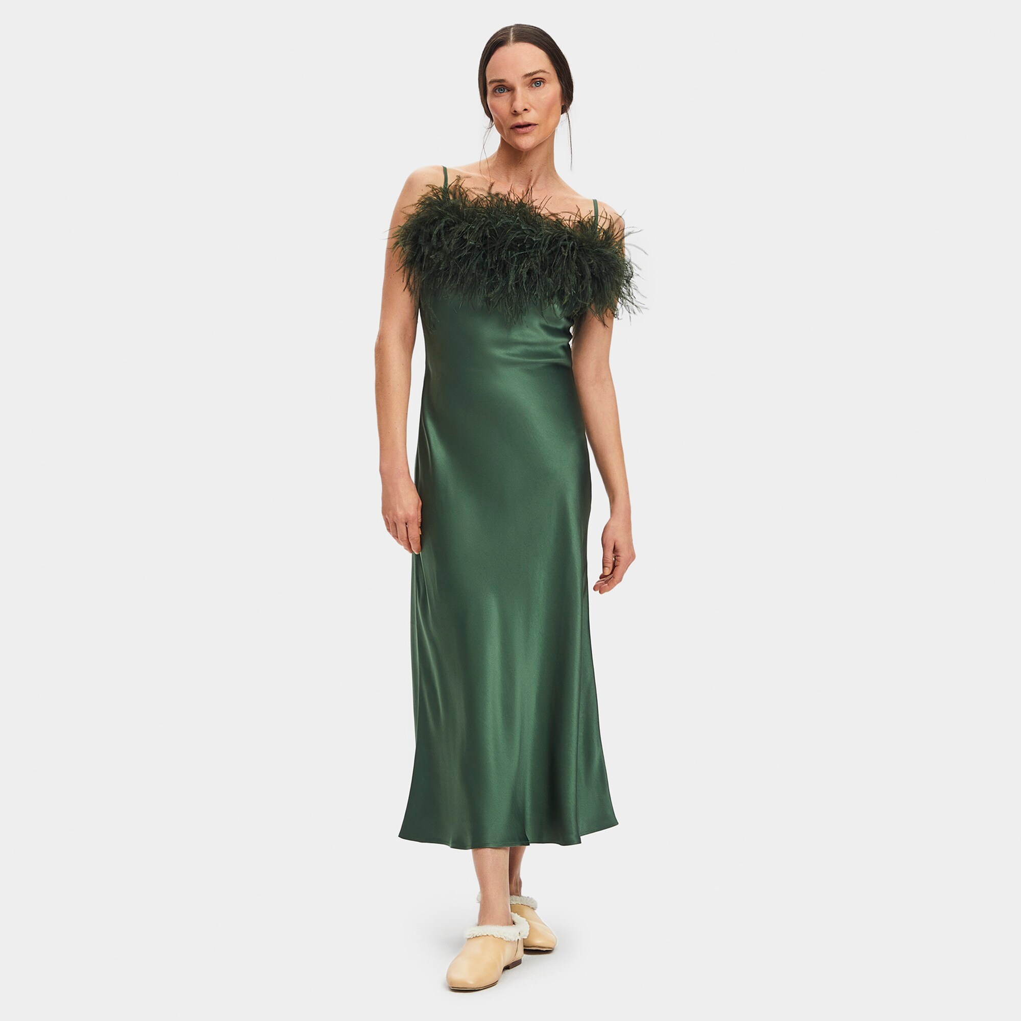 SLEEPER Boheme slip dress with feathers