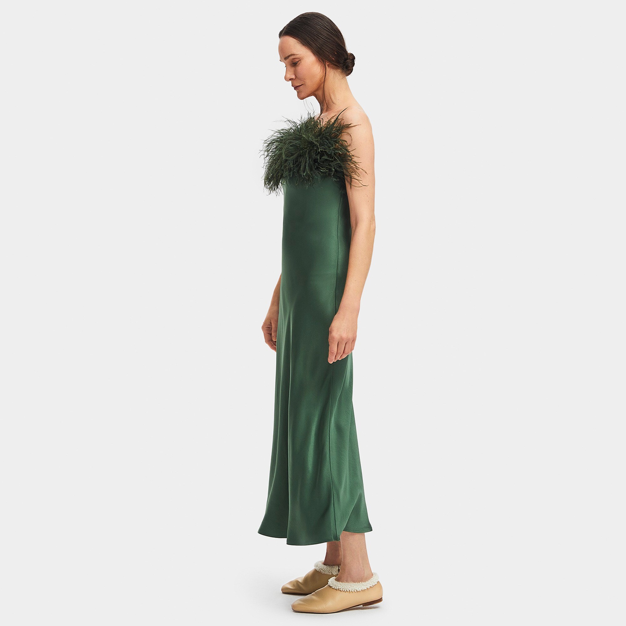 SLEEPER Boheme slip dress with feathers