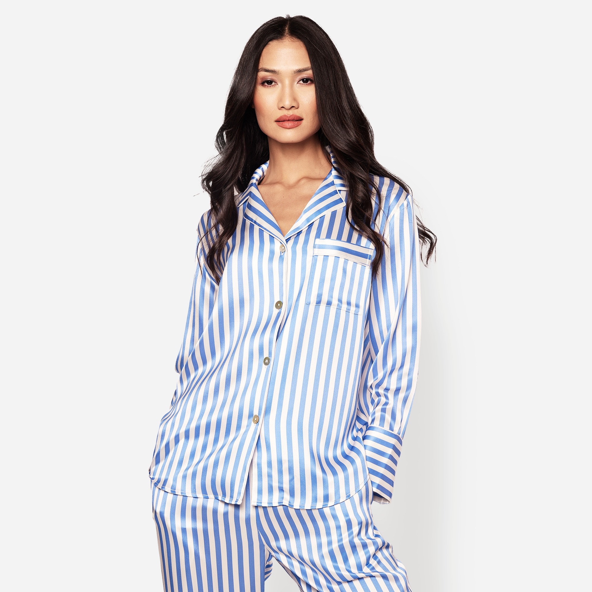 Petite Plume™ women's pajama set in mulberry silk stripe
