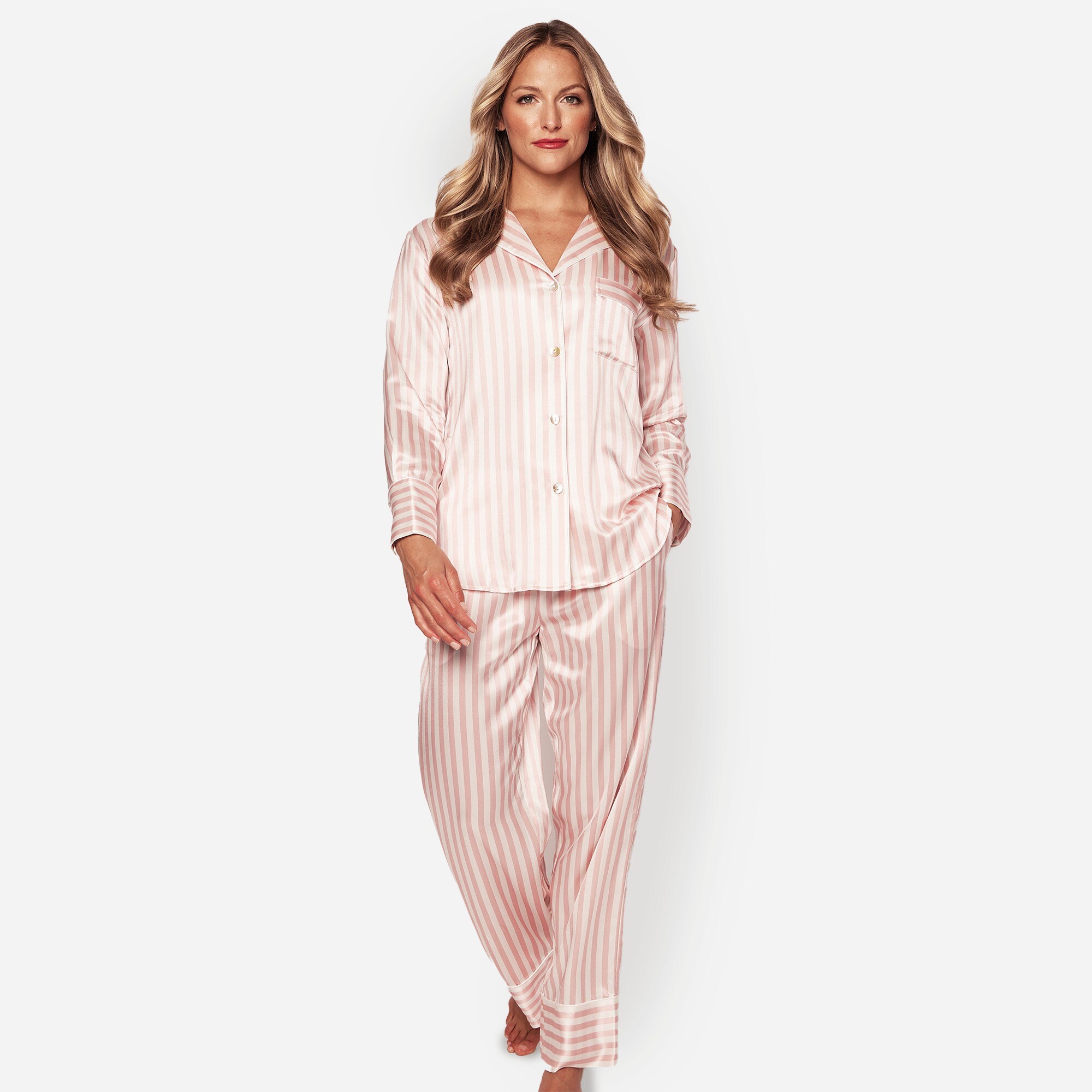 Petite Plume™ women's pajama set in mulberry silk stripe